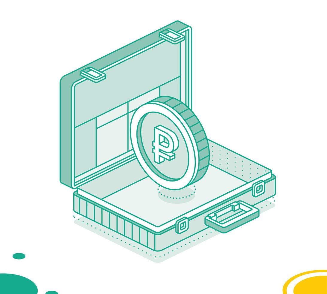 Business briefcase with rouble coin. Isometric outline concept. 3d object. vector