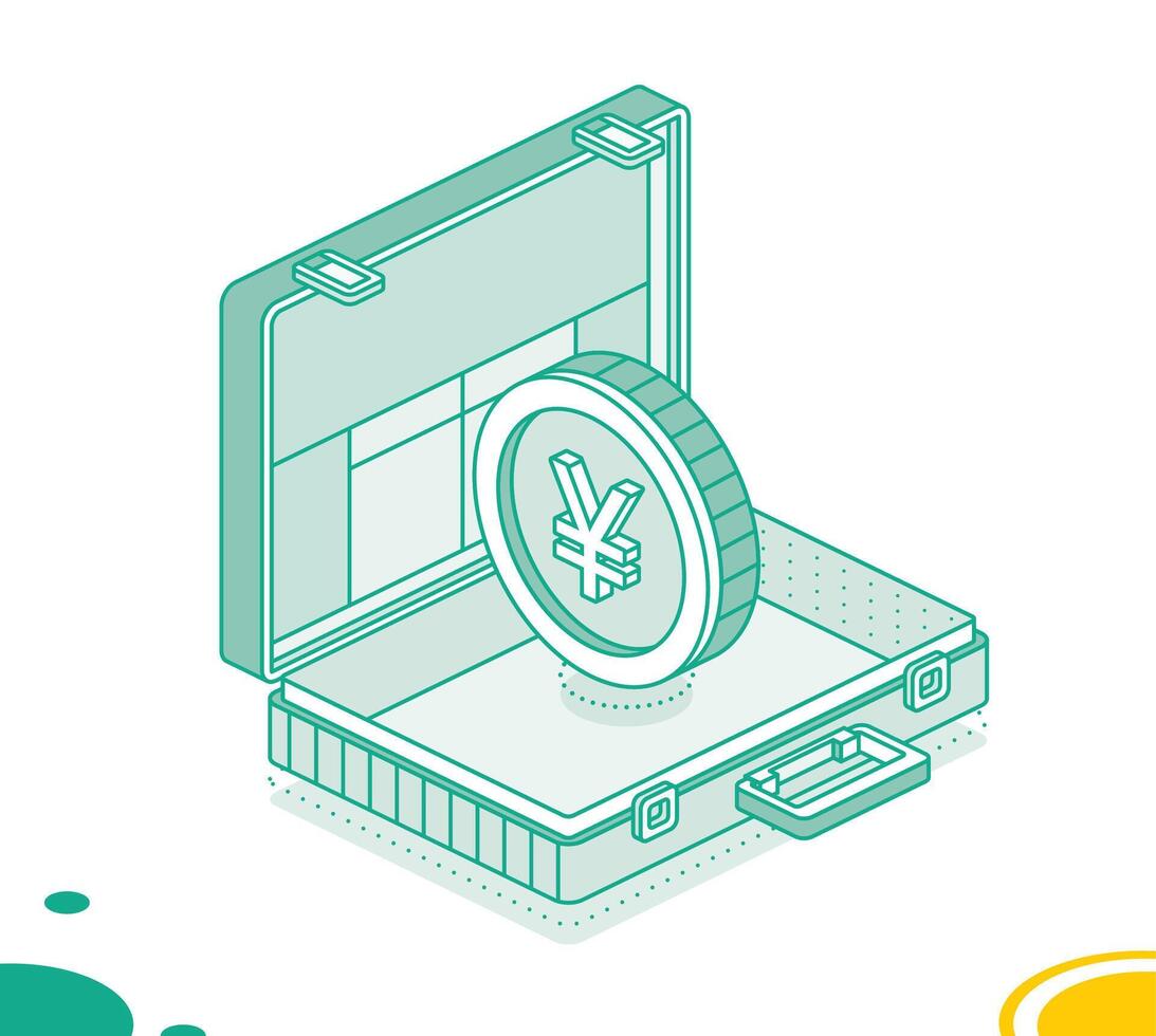 Business briefcase with yen coin. Isometric outline concept. 3d object. vector