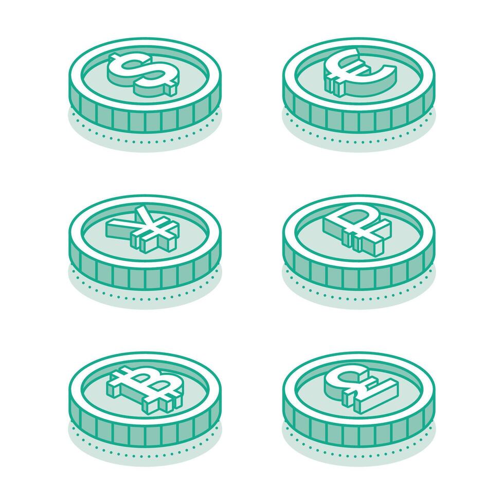 Currency set. Isometric coins of dollar, pound, euro, ruble, yen and bitcoin. Isometric icons. vector