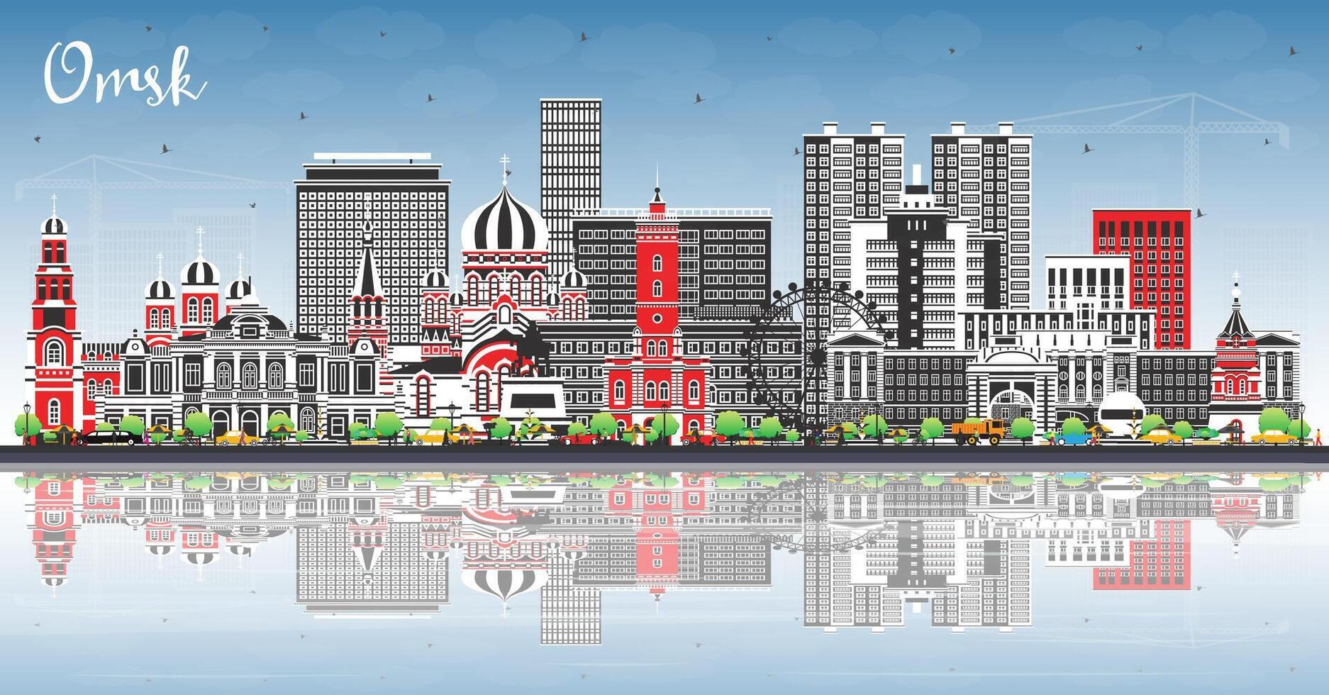 Omsk Russia city skyline with color buildings, blue sky and reflections. Omsk cityscape with landmarks. Business travel and tourism concept with modern and historic architecture. vector