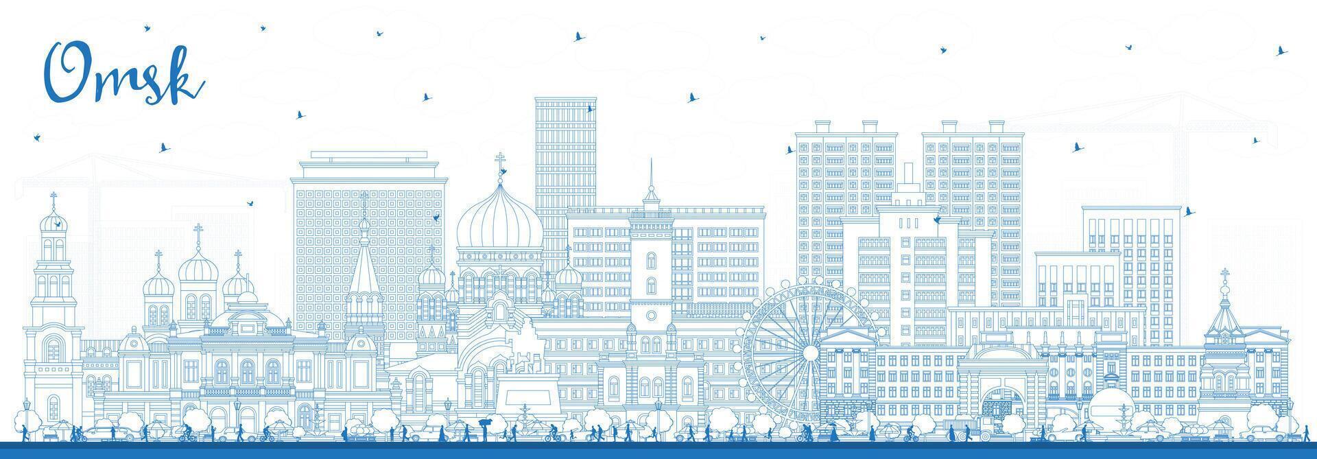 Outline Omsk Russia city skyline with blue buildings. Omsk cityscape with landmarks. Business travel and tourism concept with modern and historic architecture. vector