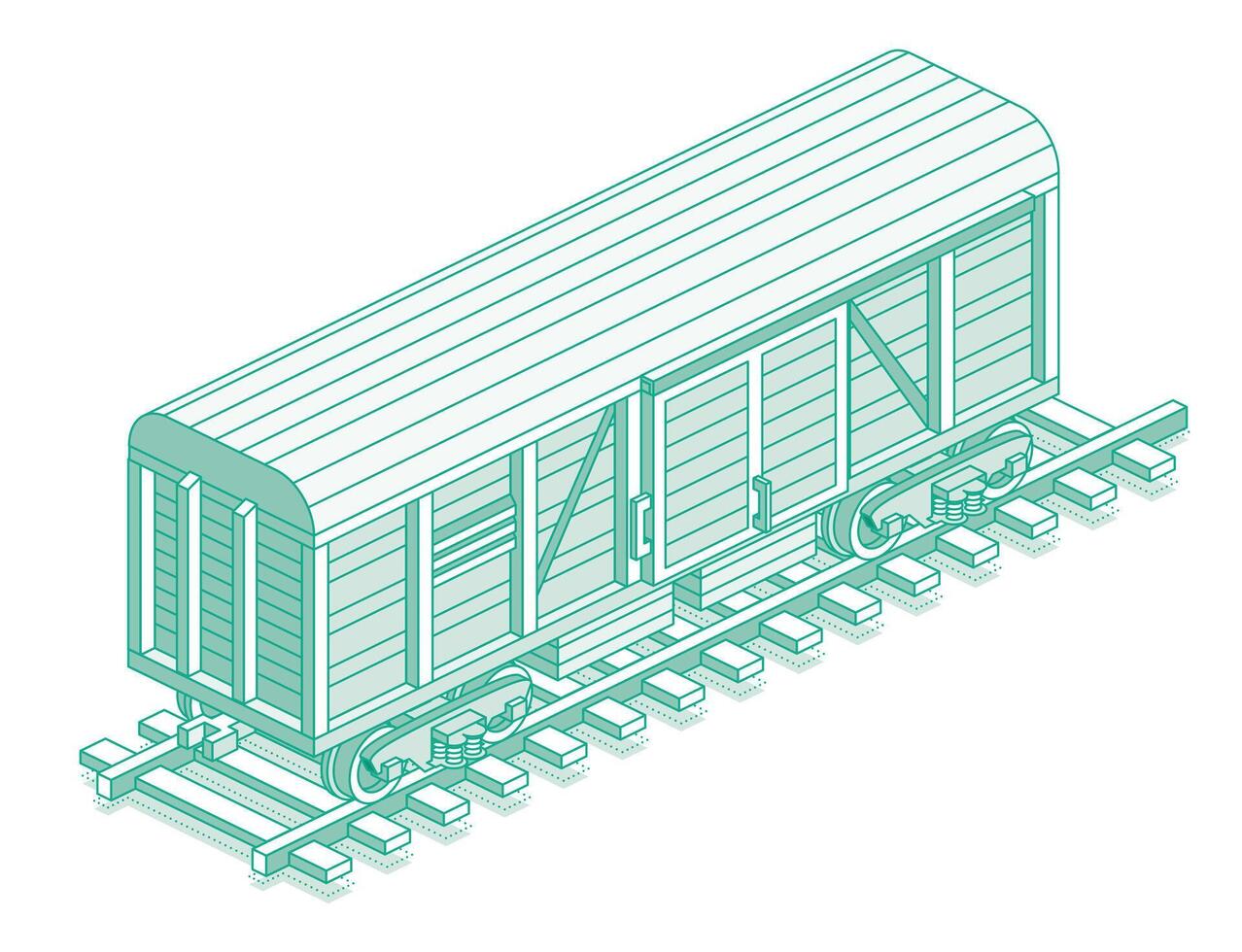 Isometric freight railroad car. Object isolated on white background. Railway. Wagon on rails. Freight boxcar wagon. Industrial railroad transportation. vector