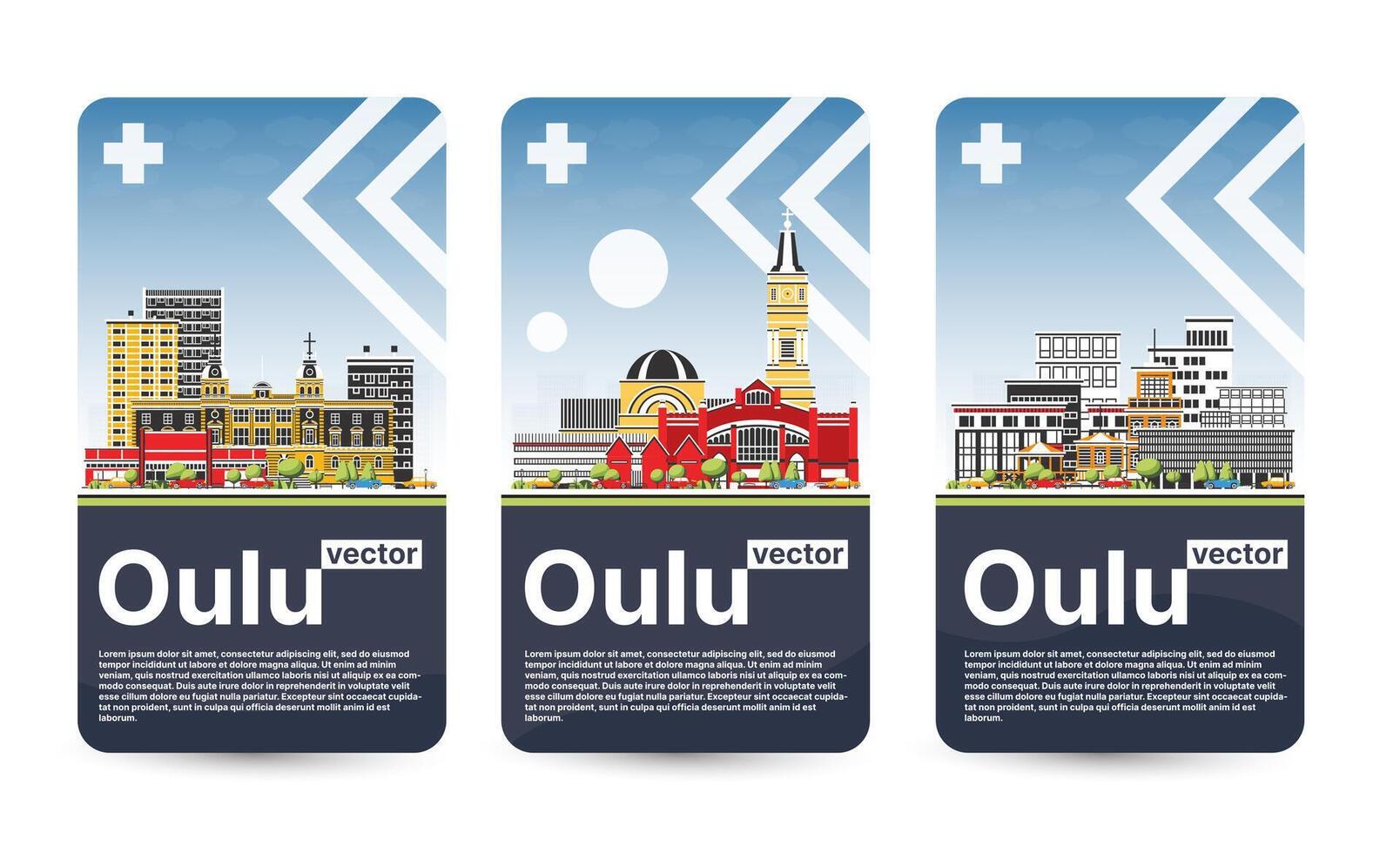 Oulu Finland city skyline with color buildings. Banner set. Oulu cityscape with landmarks. Business travel and tourism concept with modern and historic architecture. vector