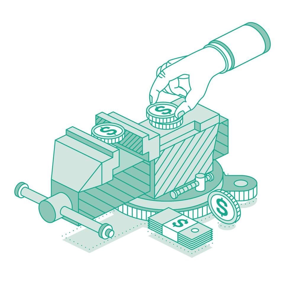 Isometric vice with a dollar coin clamped. Work tool. Crisis concept. Outline objects isolated on white background. vector