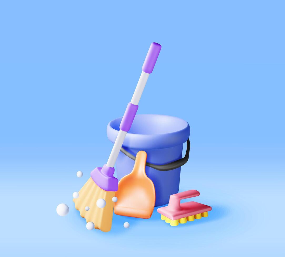 3d cleaning time or service concept isolated. Render empty bucket with broom and dustpan for cleaning and washing. House cleaning equipment. Household accessories. vector