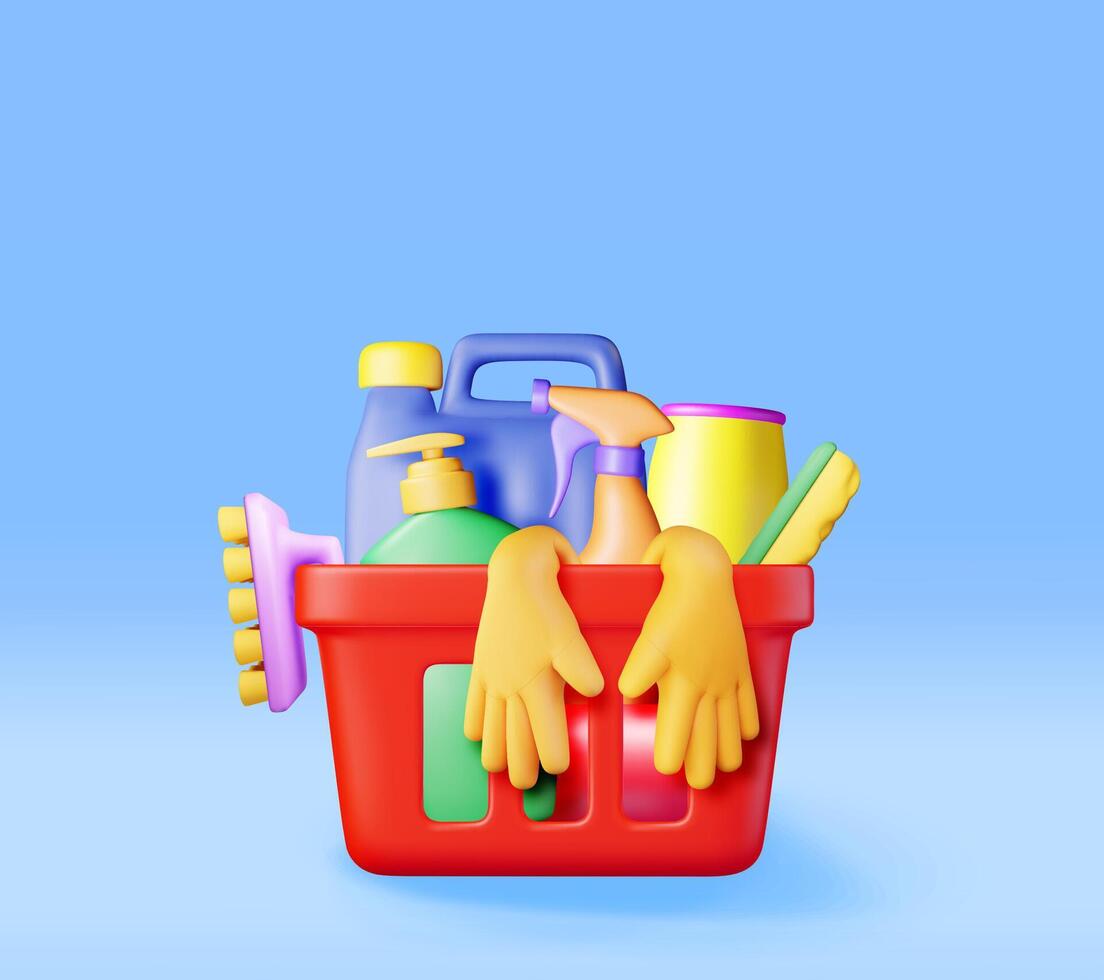 3D set of home cleaning tools isolated. Render collection of accessories for washing dishes and house cleaning. Bottle of detergent, soap gloves. Bucket, brush sponge. vector