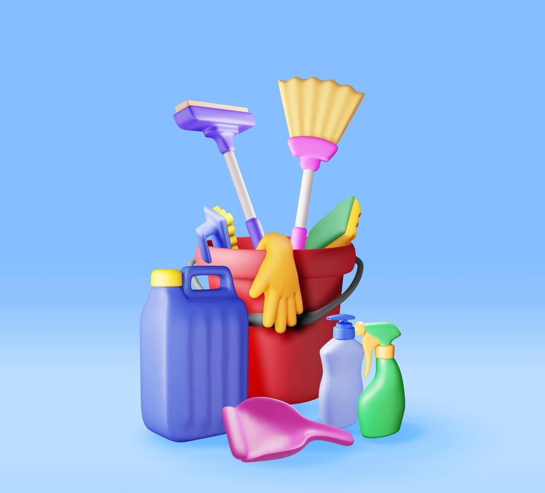3D set of home cleaning tools isolated. Render collection of accessories for washing dishes and house cleaning. Bottle of detergent, sponge, soap gloves. Bucket, mop broom dustpan. vector