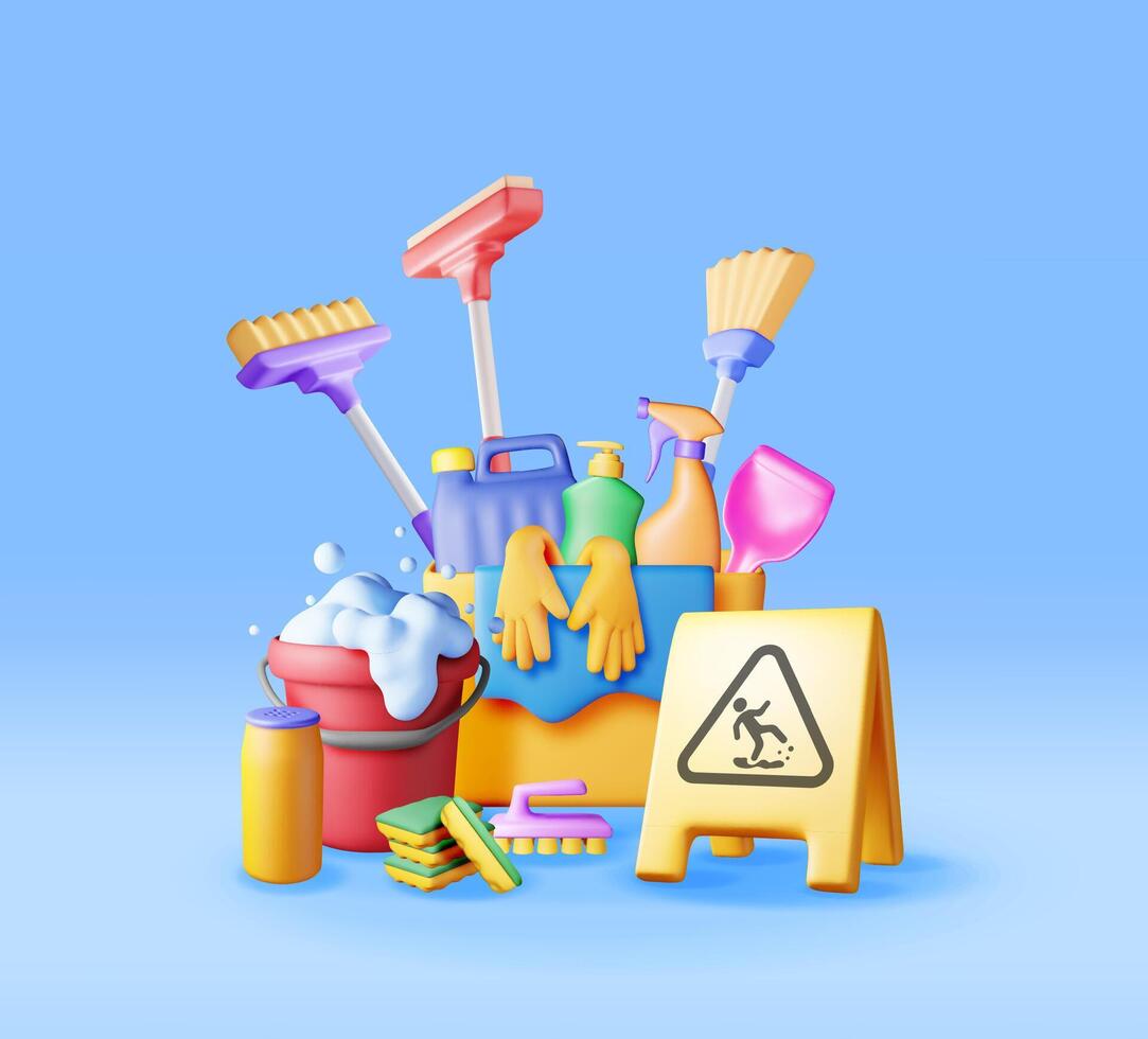 3D set of home cleaning tools isolated. Render collection of accessories for washing dishes and house cleaning. Bottle of detergent, sponge, soap gloves. Bucket, mop broom dustpan. vector