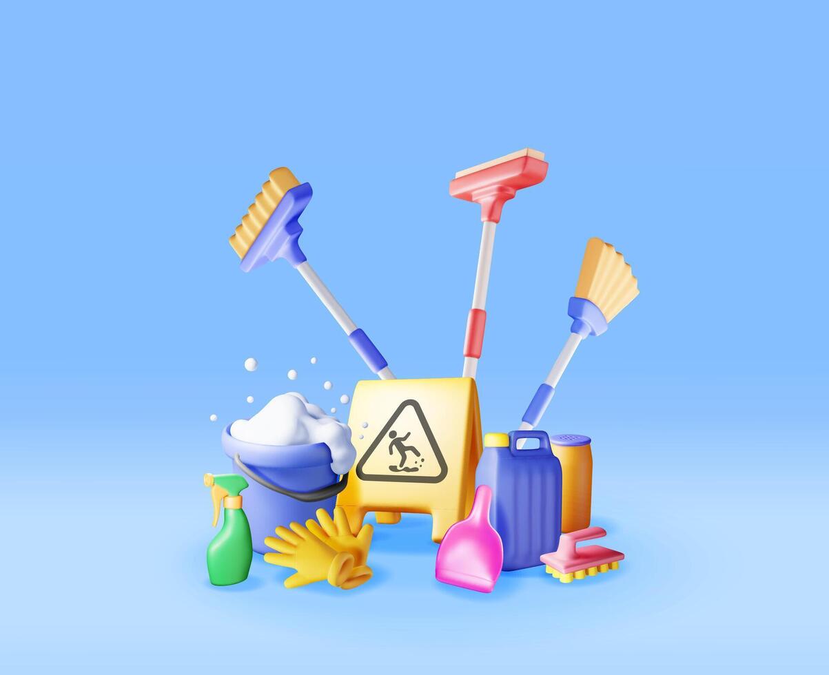 3D set of home cleaning tools isolated. Render collection of accessories for washing dishes and house cleaning. Bottle of detergent, sponge, soap gloves. Bucket, mop broom dustpan. vector
