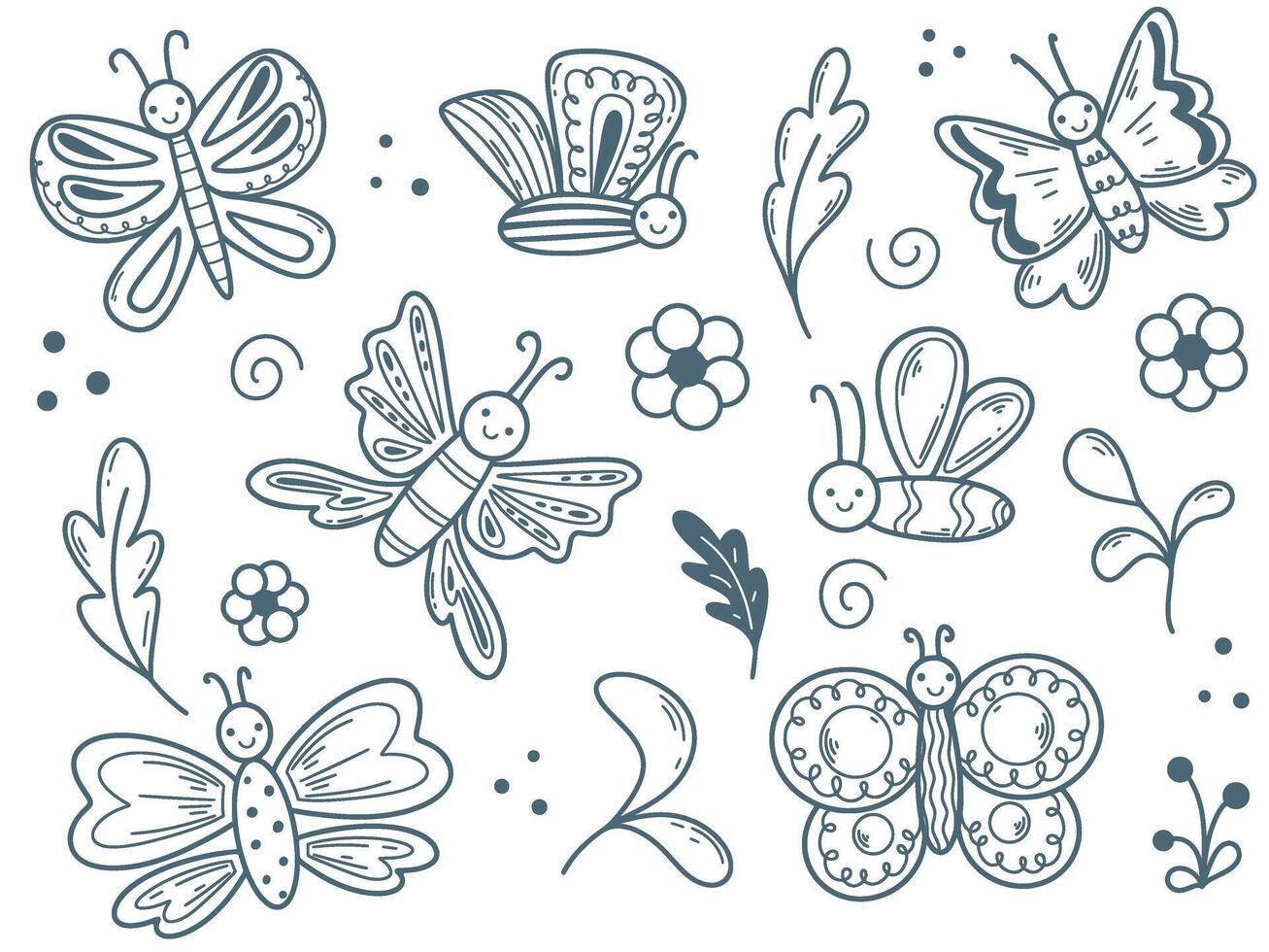 Moths, flowers and grass doodle sketch style set vector
