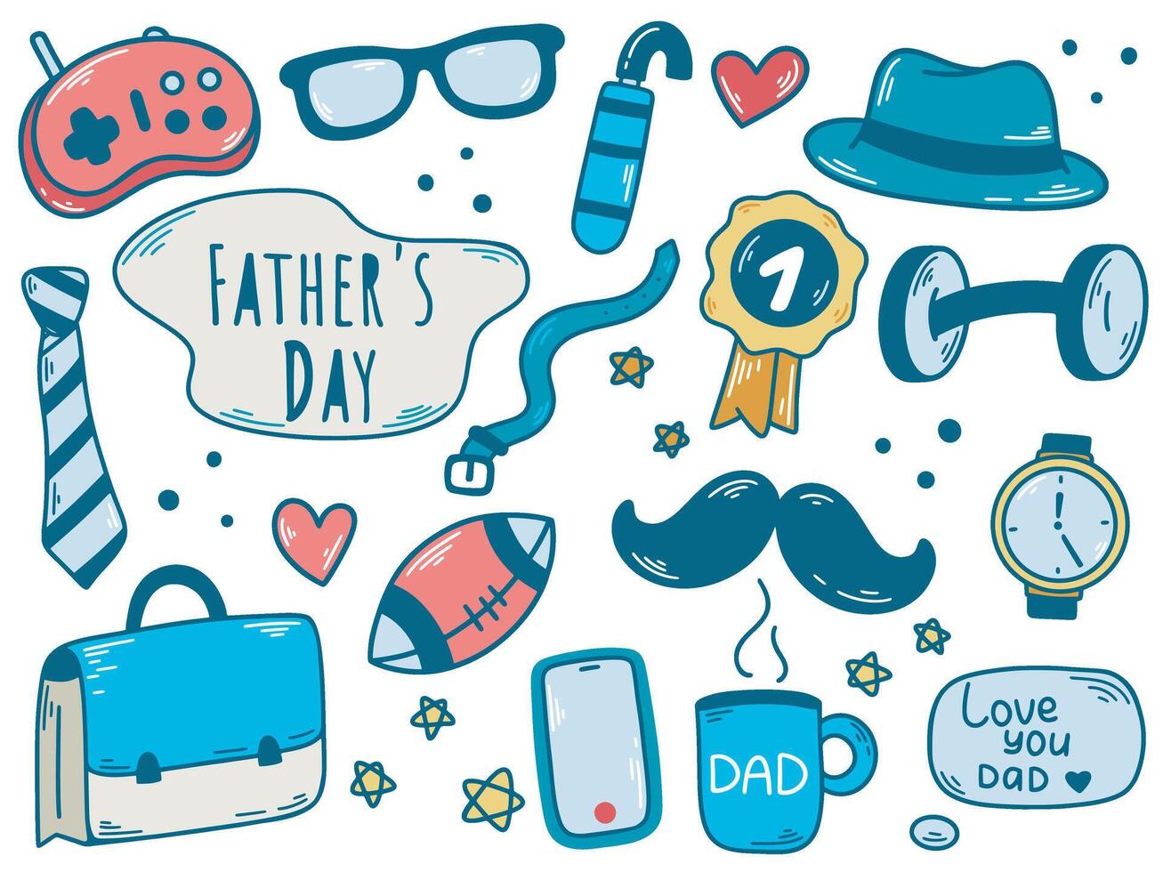 Father's Day card with hand drawn attributes vector