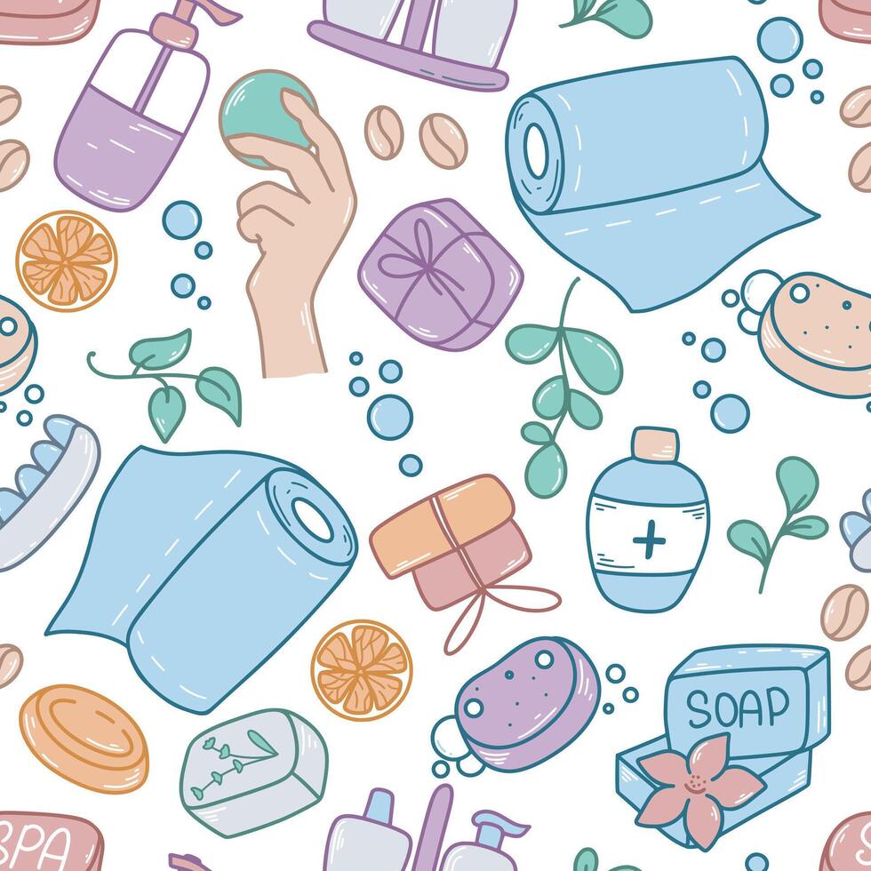 Hygiene items colored drawing in sketch style seamless pattern vector