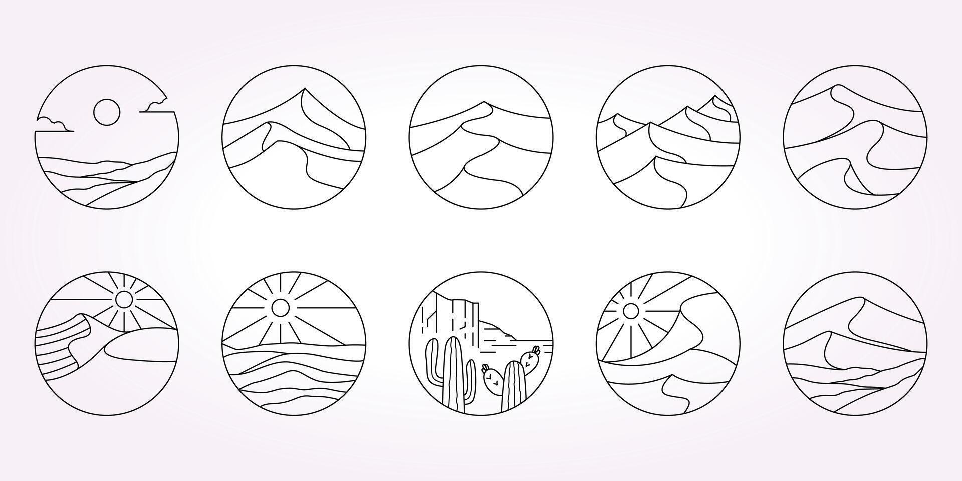 desert line art logo icon template illustration set bundle. Oasis Sahara design package vector
