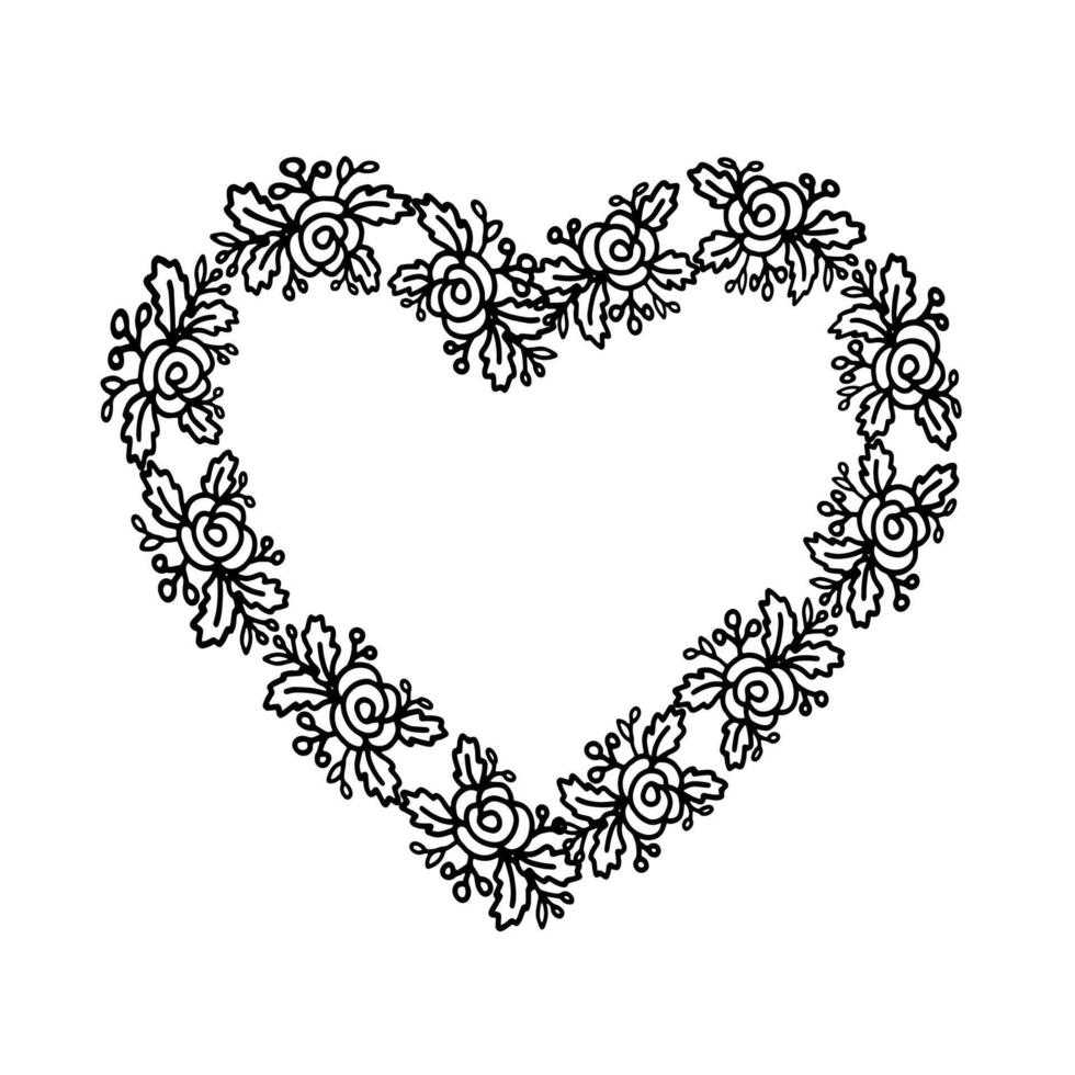 Black and white floral hearts frame for design card, invitations or colorin page vector