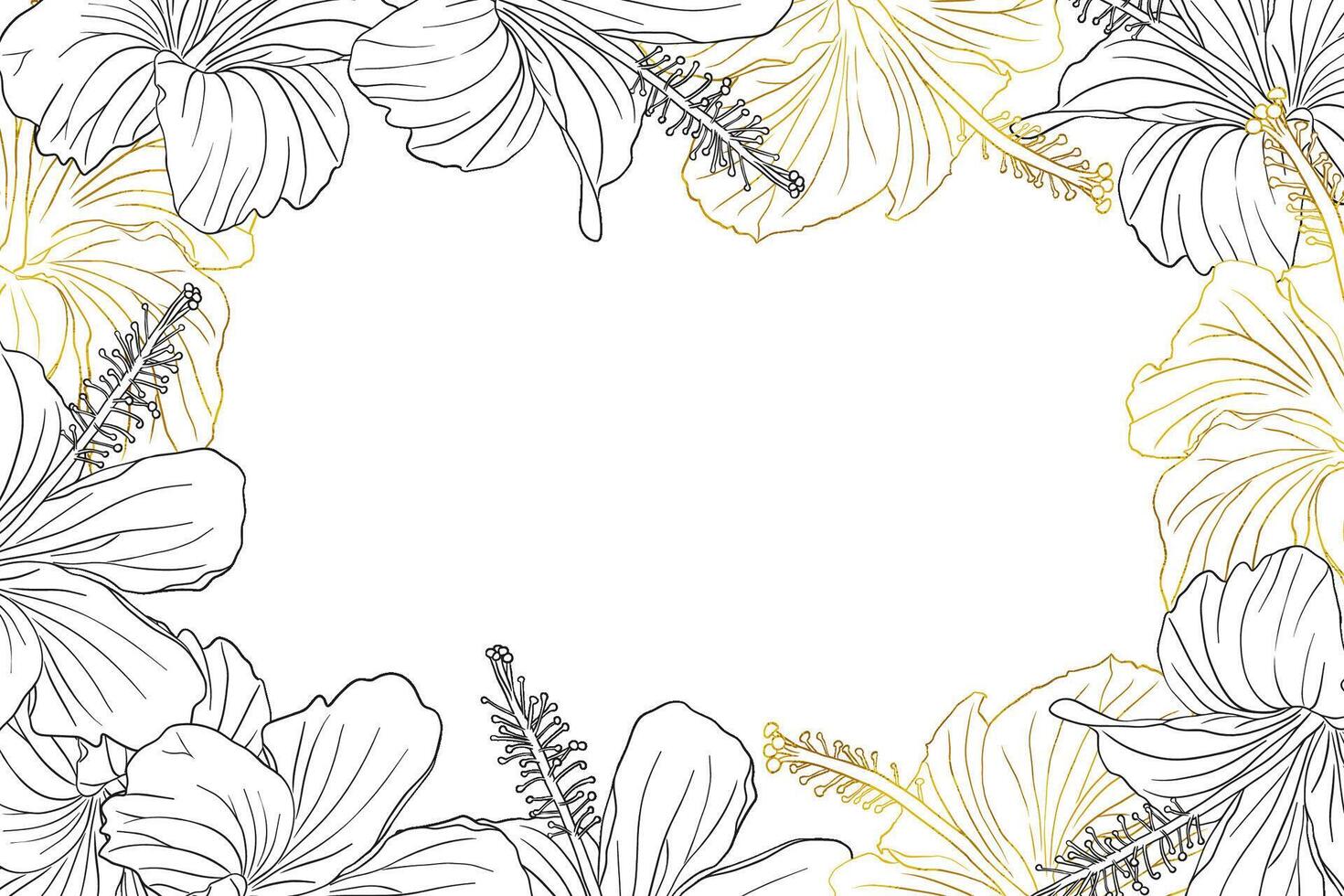 Hibiscus flower frame boarder for design of card, wedding invite, scrapbook. Line art black ink and golden hand drawn tropical floral background. vector