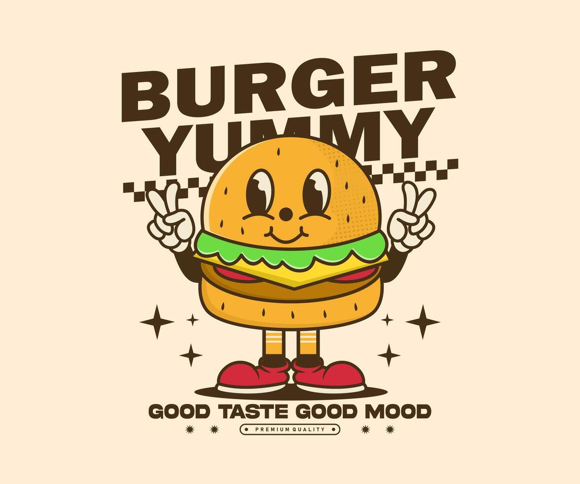 yummy burger funny cartoon character illustration in retro style, mascot design can be used as t shirt, sticker, poster, print design, apparel vector
