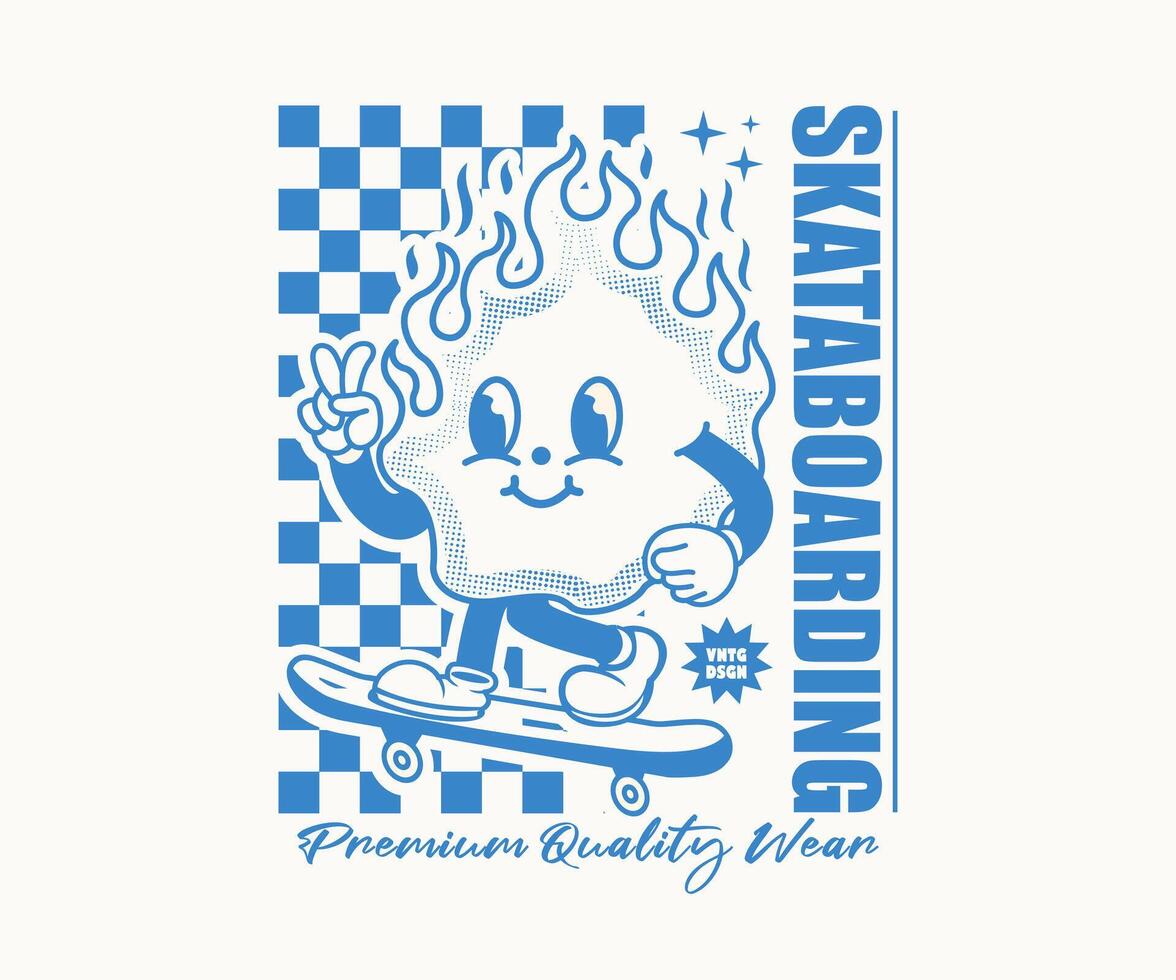 funny fire cartoon character illustration playing skateboard in vintage style with checkerboard background, design can be used as t shirt, sticker, poster, print design and other uses. vector