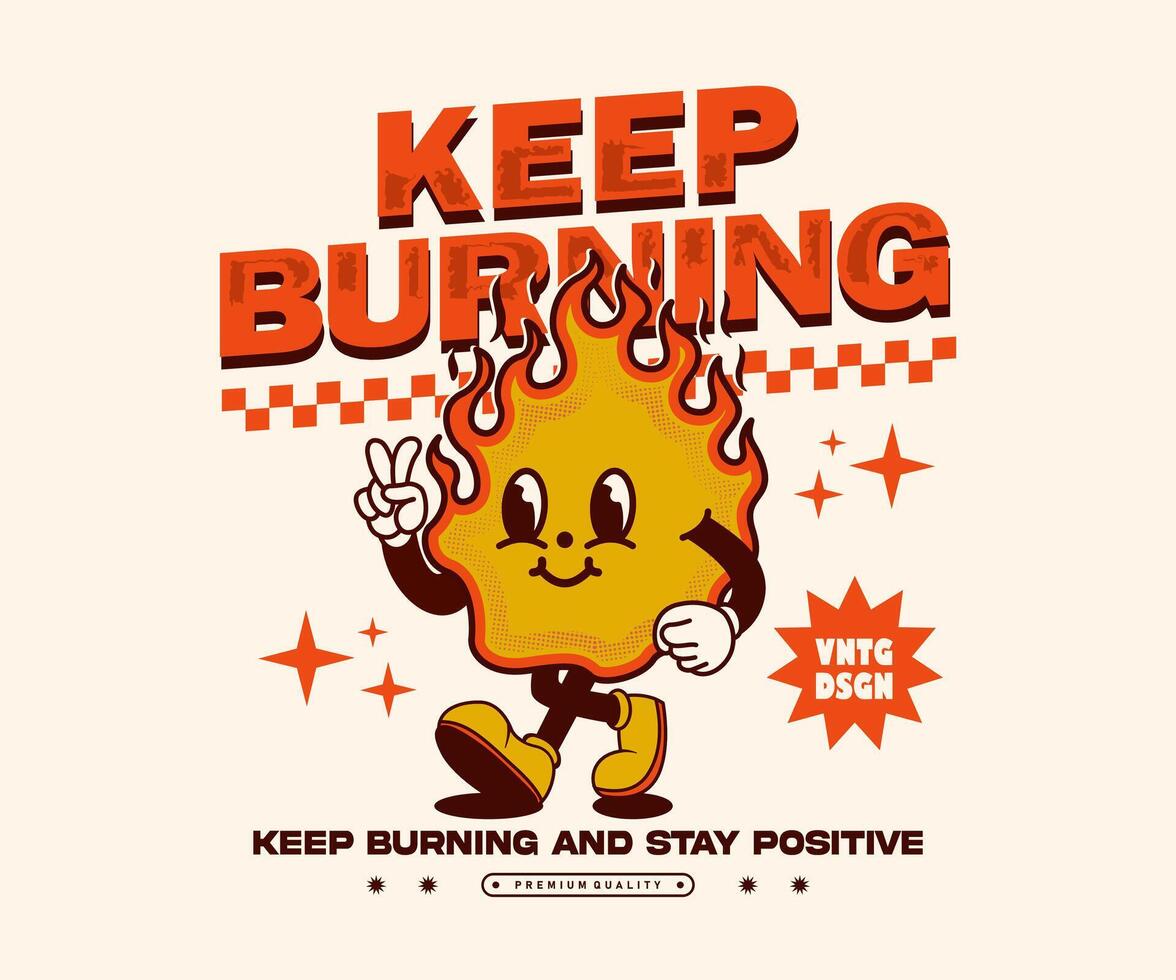 fire flame cartoon character illustration in retro style, character mascot and typographic can be used as t shirt, sticker, poster, print design and other uses. vector