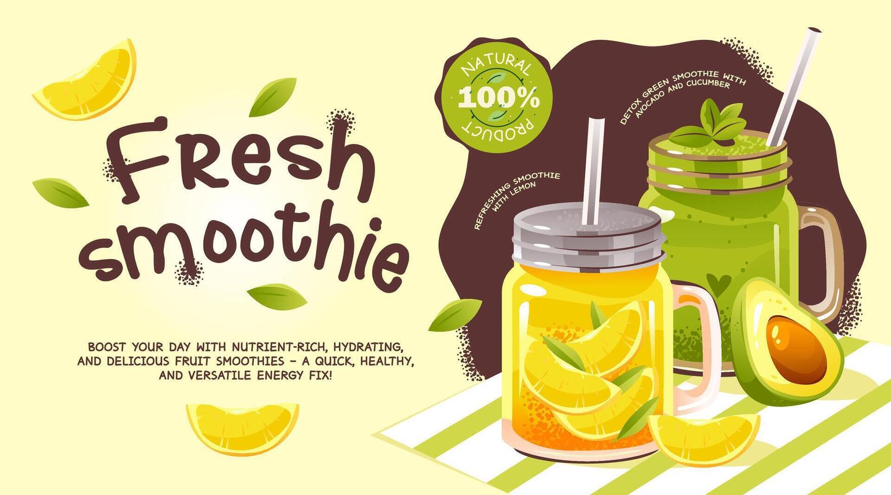 Advertising banner with fruit cocktails. Poster template with summer drinks and detox smoothies vector