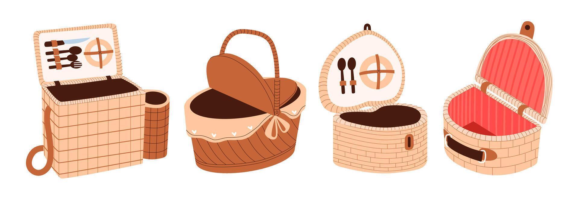 Various wicker picnic baskets. Outdoor recreation. Hamper set vector