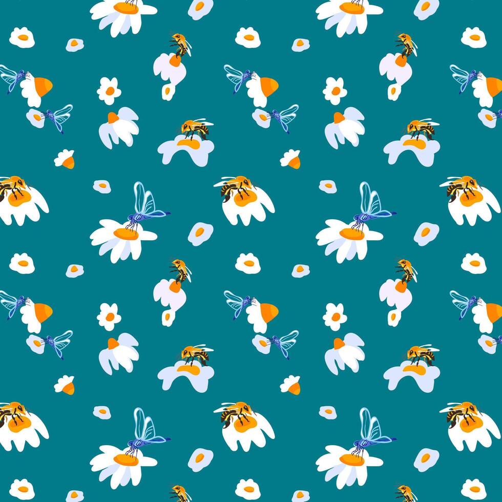 Summer background daisy dragonfly dark turquoise backdrop summer white wild flowers ornament template banner poster wallpaper vector