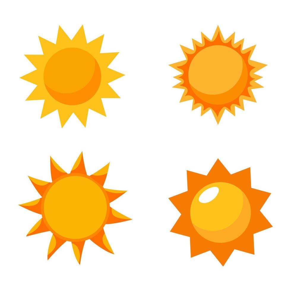 Set of cartoon sun clip art. Shining light rays. Summertime vector