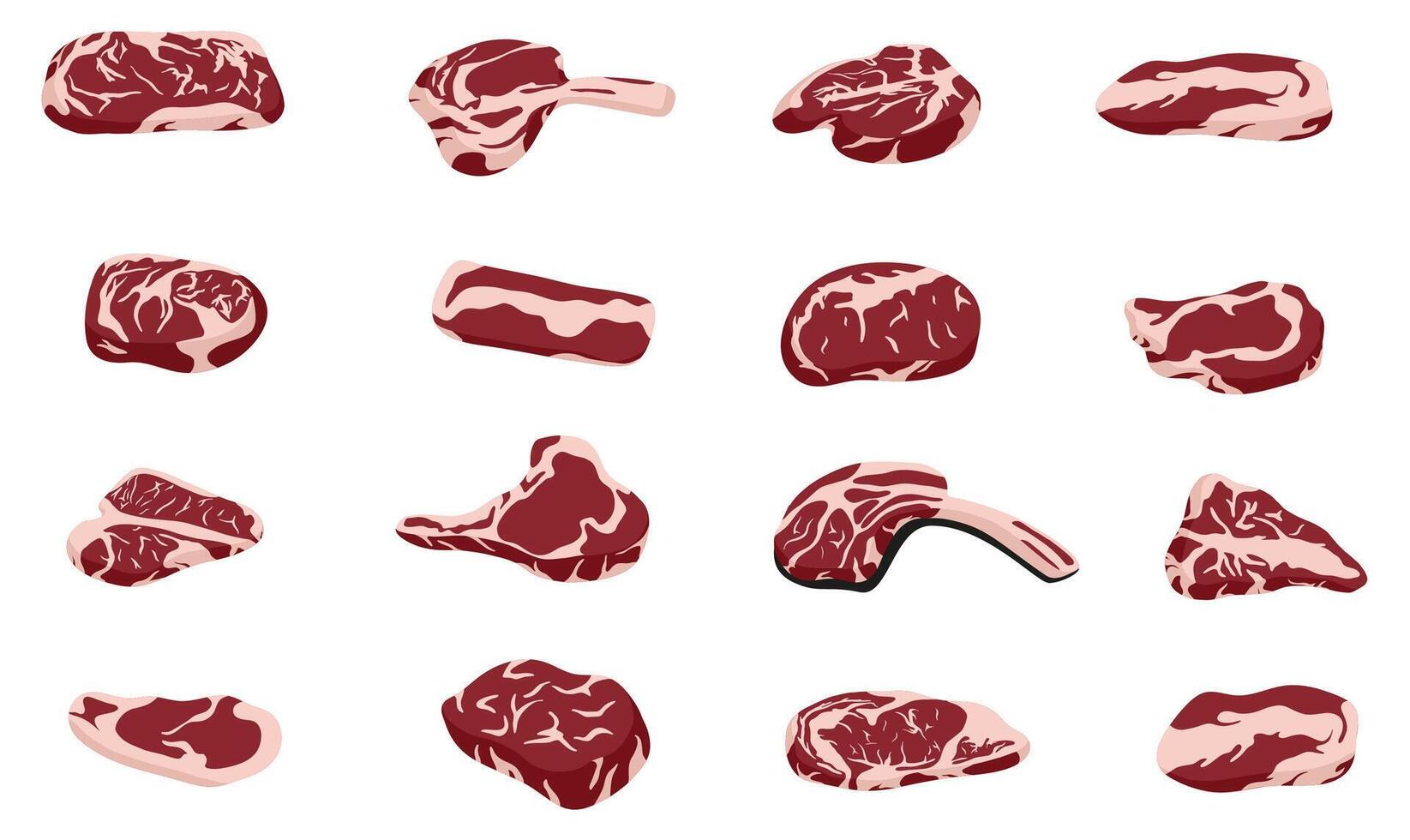 Big set of red beef and pork steaks set. Collection of raw pieces of meat. Cold cuts. Rib eye, tenderloin and brisket vector