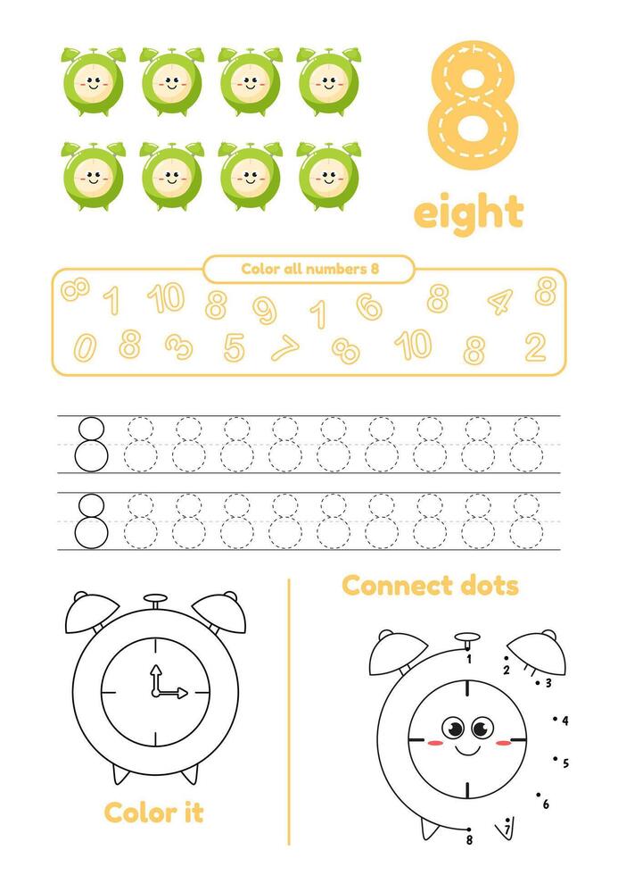 Many games on one page for kids. Color, dot to dot, trace. Learn number 8 vector