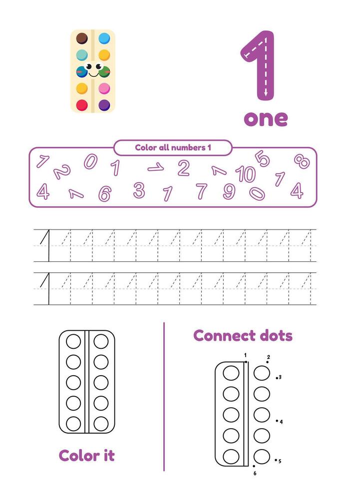Many games on one page for kids. Color, dot to dot, trace. Learn number 1 vector