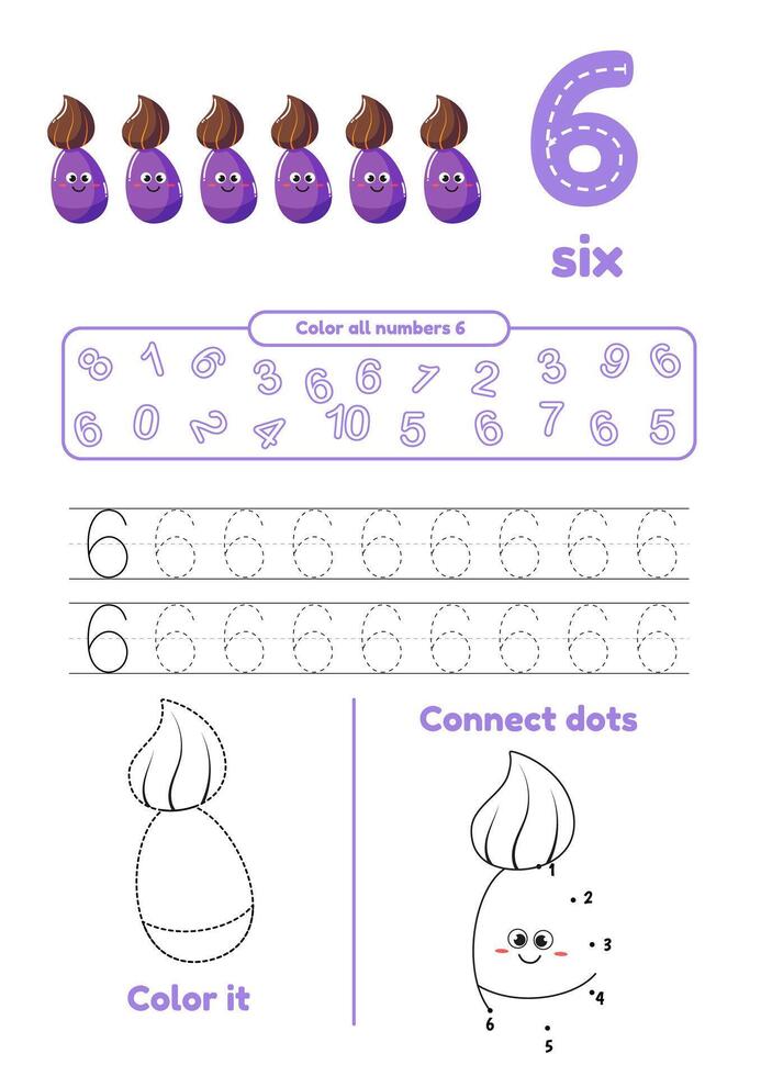 Many games on one page for kids. Color, dot to dot, trace. Learn number 6 vector