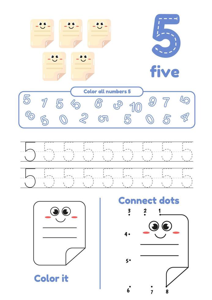 Many games on one page for kids. Color, dot to dot, trace. Learn number 5 vector