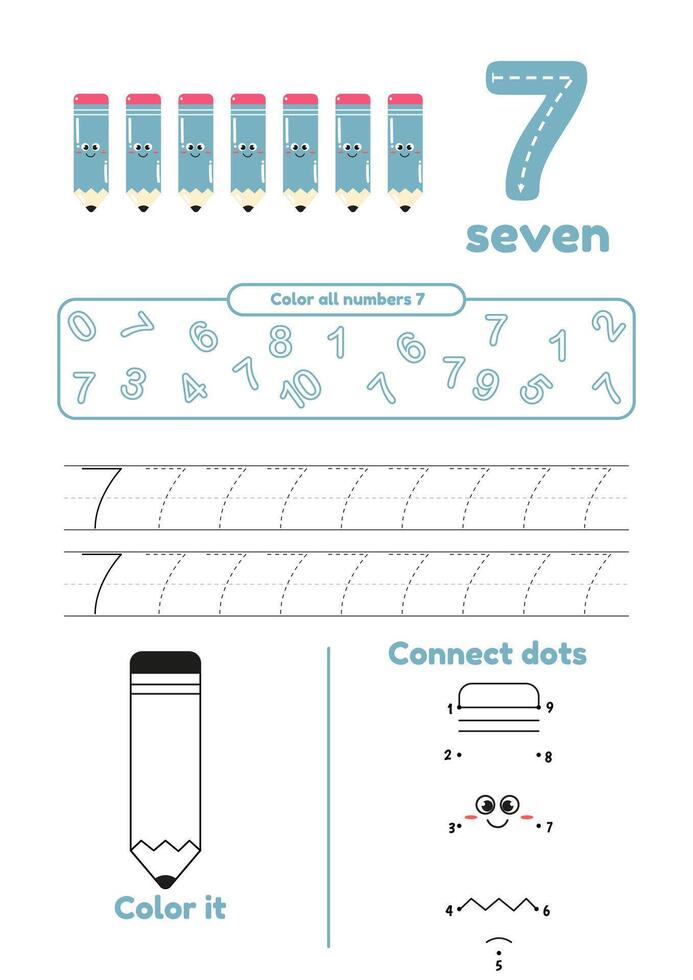 Many games on one page for kids. Color, dot to dot, trace. Learn number 7 vector