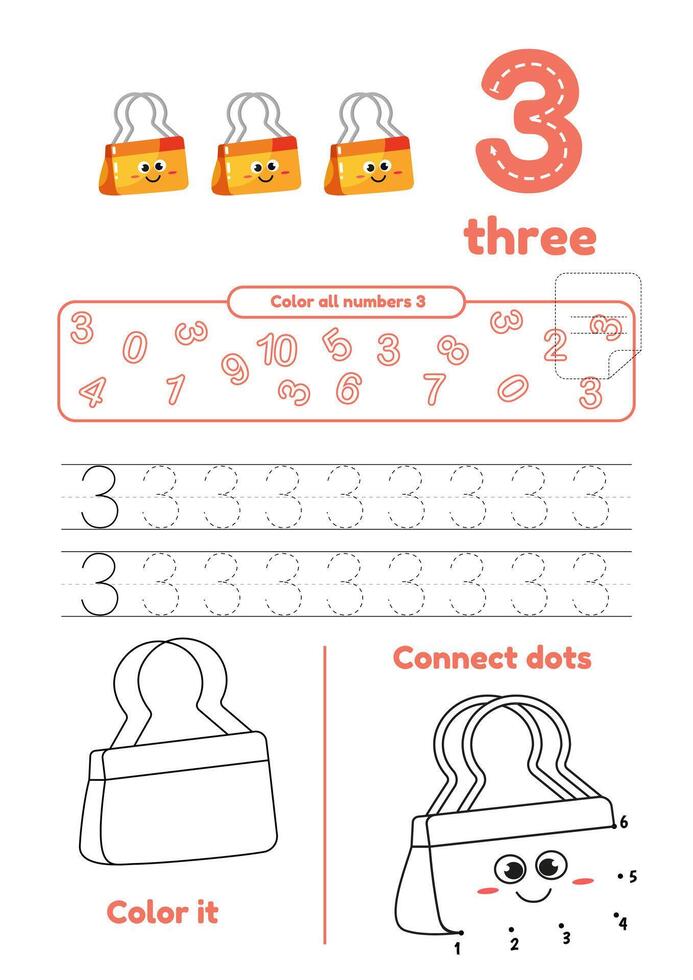 Many games on one page for kids. Color, dot to dot, trace. Learn number 3 vector