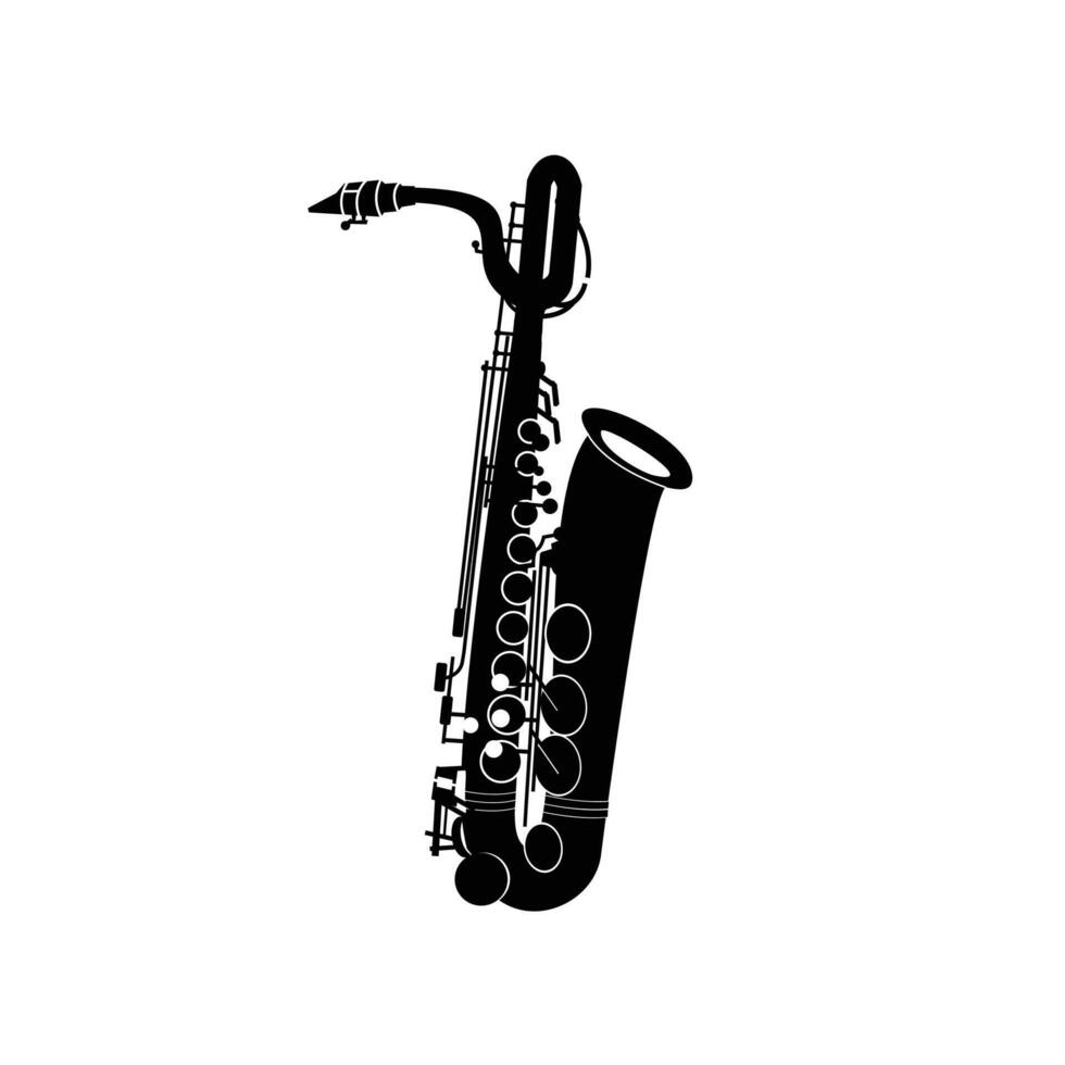 wind instrument logo illustration, baritone saxophone silhouette suitable for music stores and communities vector