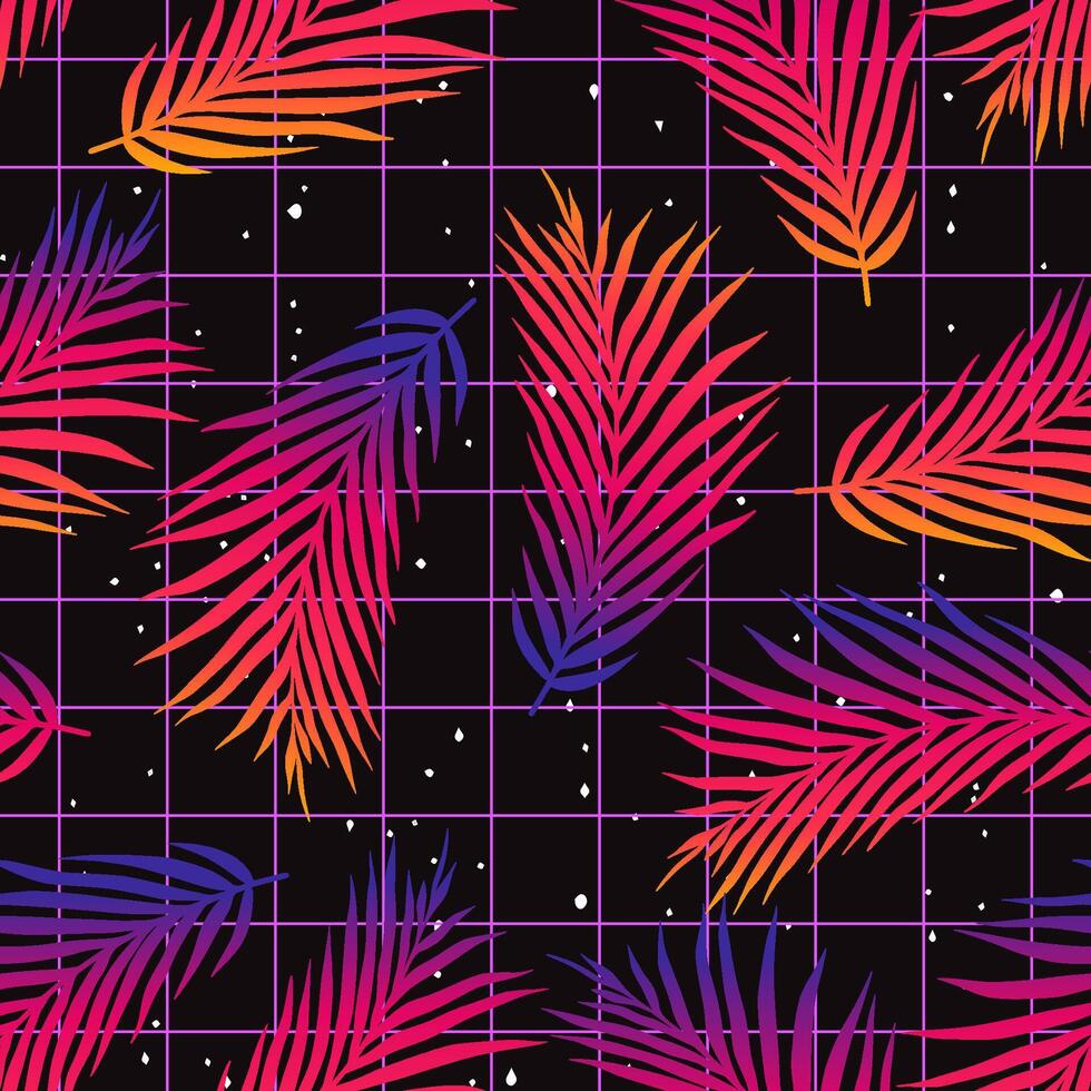 90's 80's Seamless pattern with palm leaves on grid. Wallpaper retro graphic in synthwave style. Gradient, vivid elements for scifi graphic. Vintage design for night club and bar. Miami vibes. vector