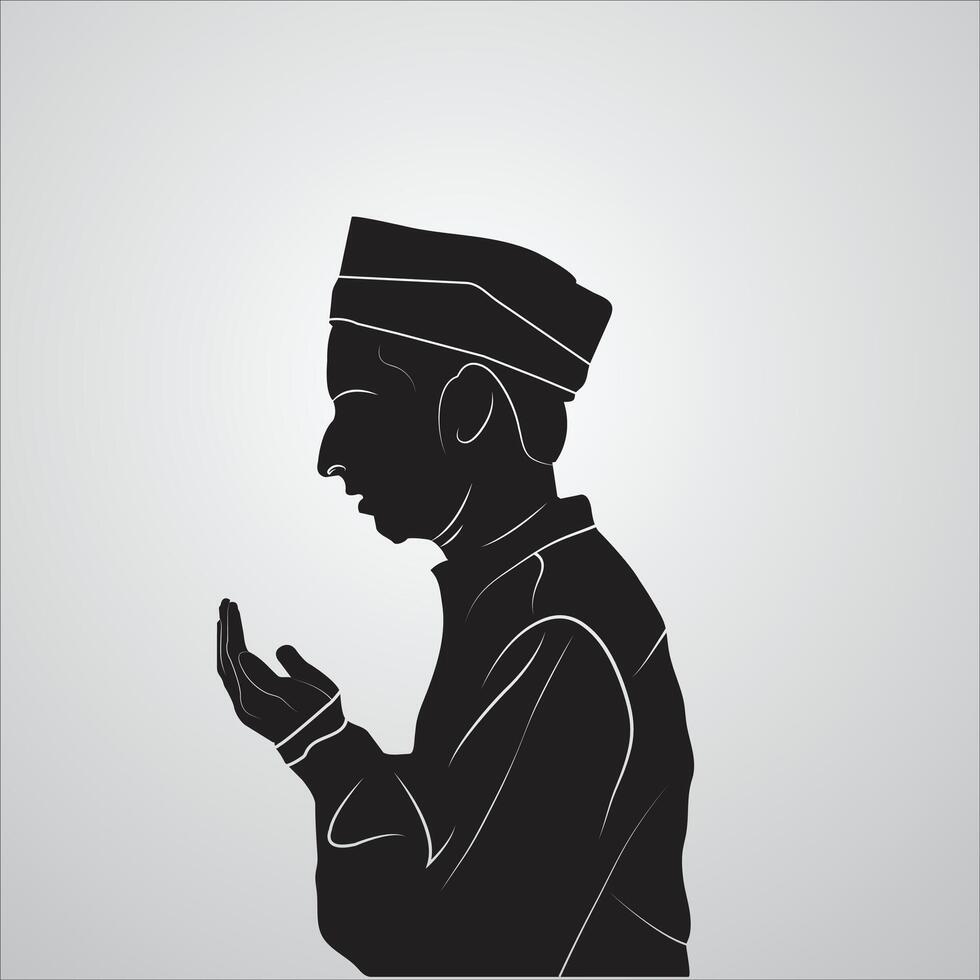 silhouette of muslim man praying dua. after salat. side view. concept of worship, ramadan, islam, eid al adha religion. illustration, design element vector