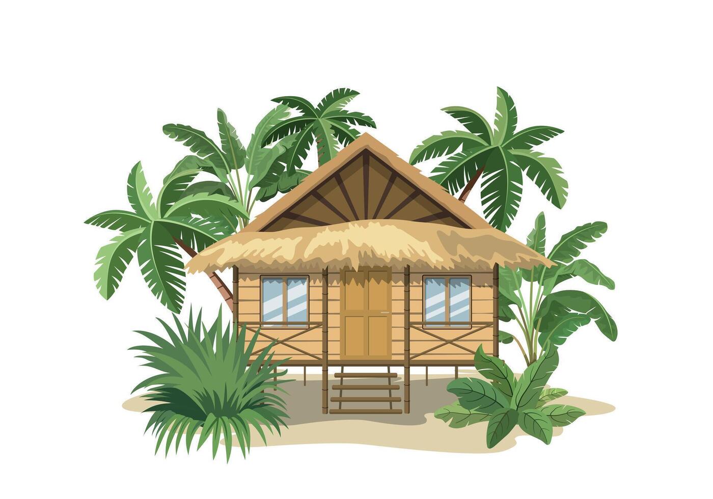 Illustration of bungalow in jungle. Summer landscape, vacation concept in flat style. Isolated on white background vector