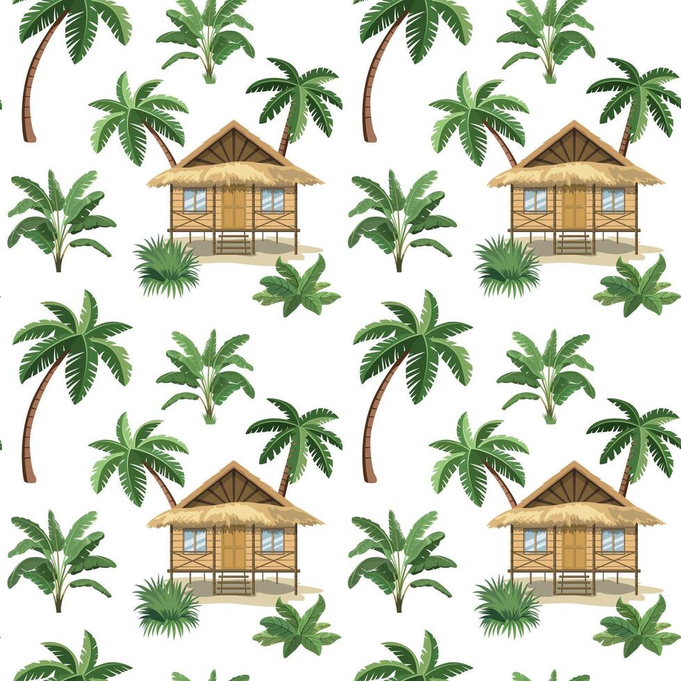 Seamless pattern with Beach house in jungle. Cartoon background of straw hut in flat design. Isolated on white background vector