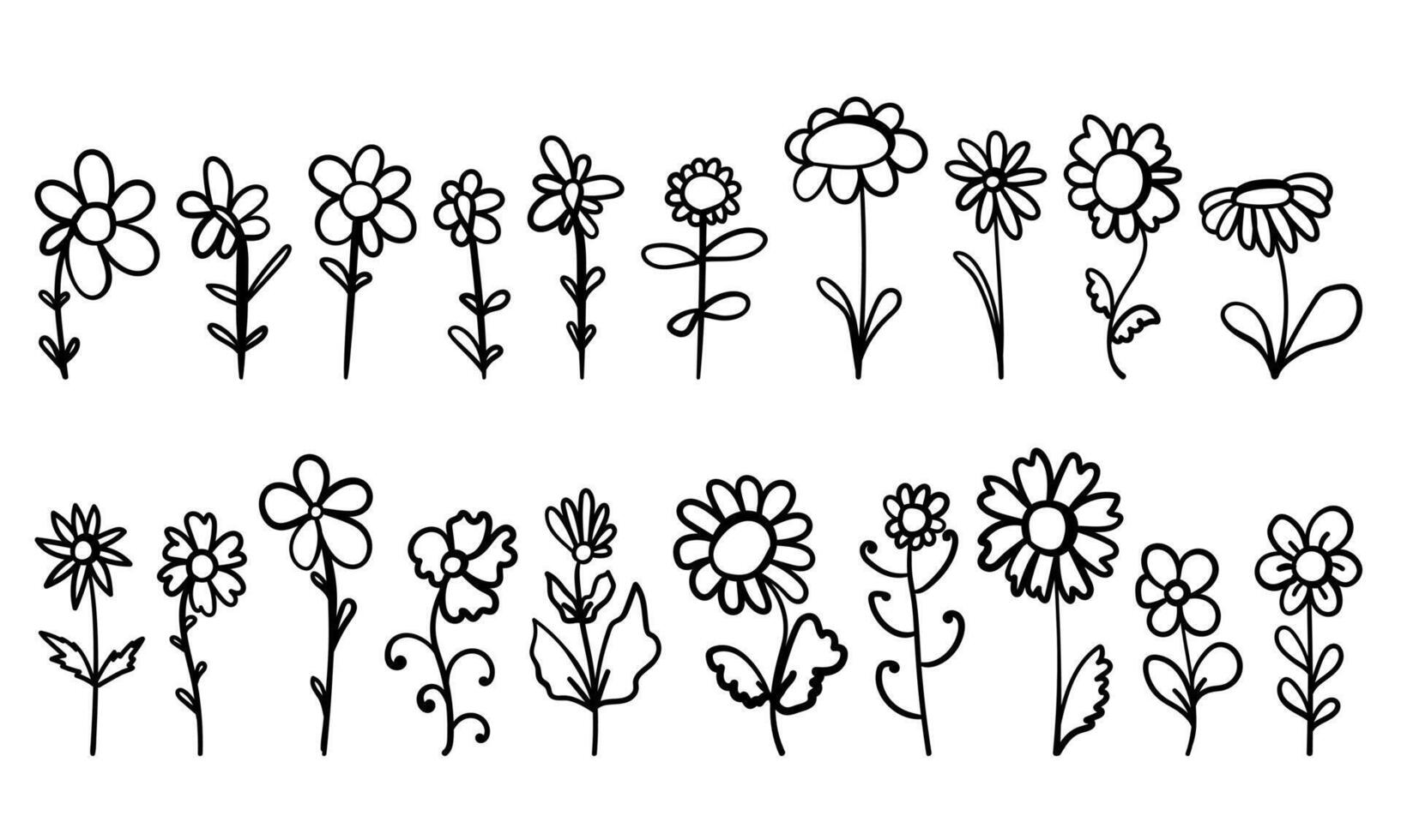 Set of flowers in doodle style, hand drawn flowering plants for cards, design or creation coloring pages vector