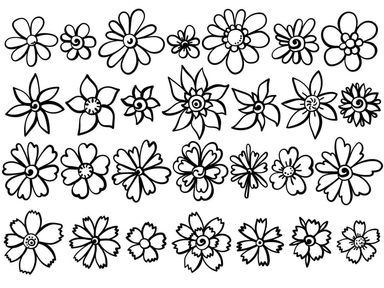Set of fantasy doodle flowers, linear outline blooming elements for design vector