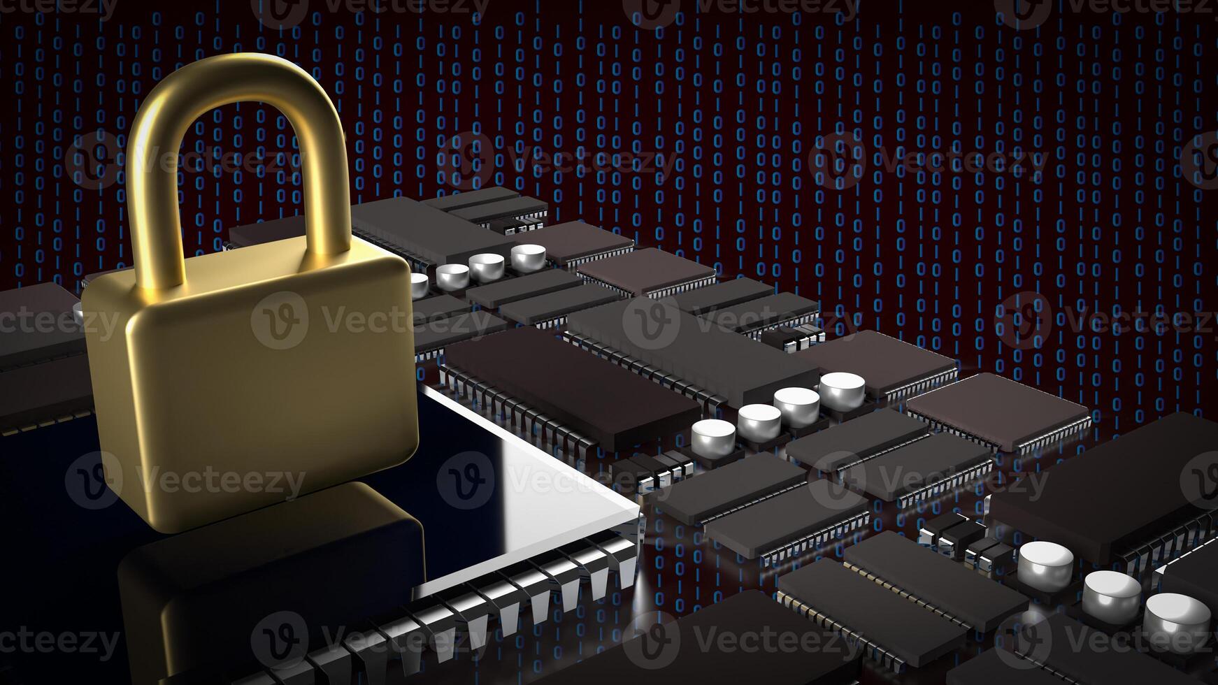 The Gold lock and PCB board for IT security concept 3d rendering. photo