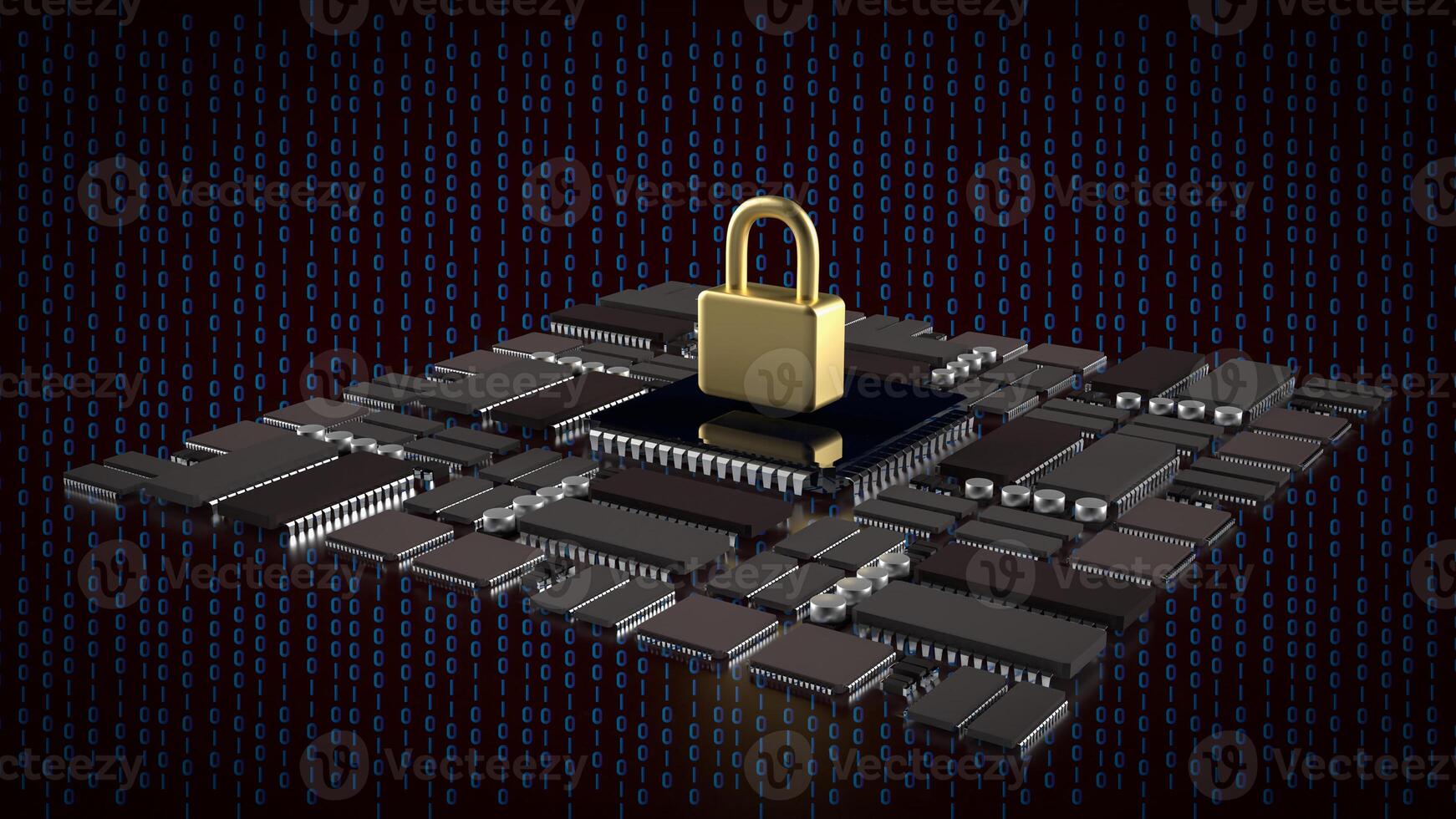 The Gold lock and PCB board for IT security concept 3d rendering. photo