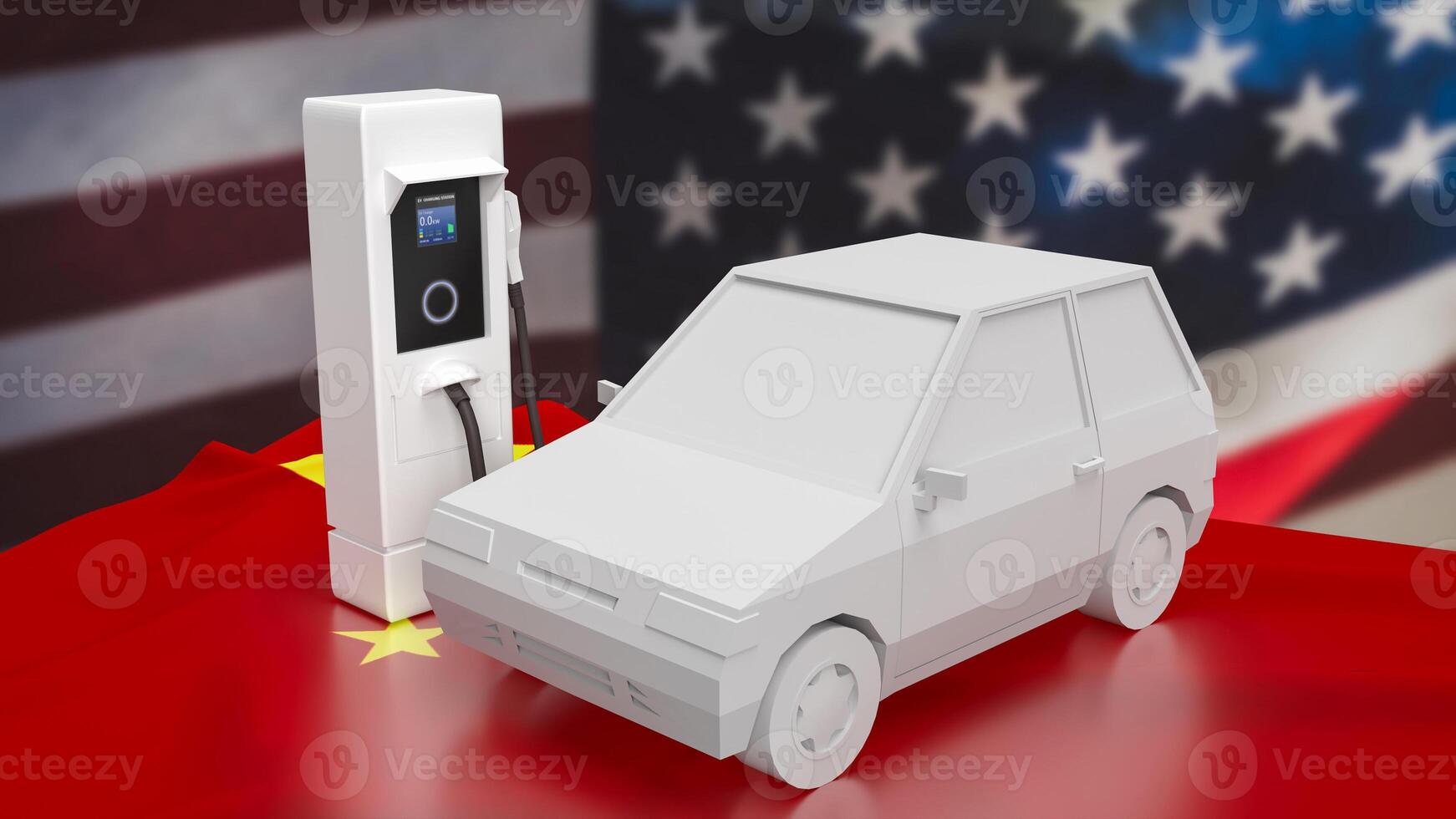 The Ev car on Usa and china flag for Business or technology concept 3d rendering. photo