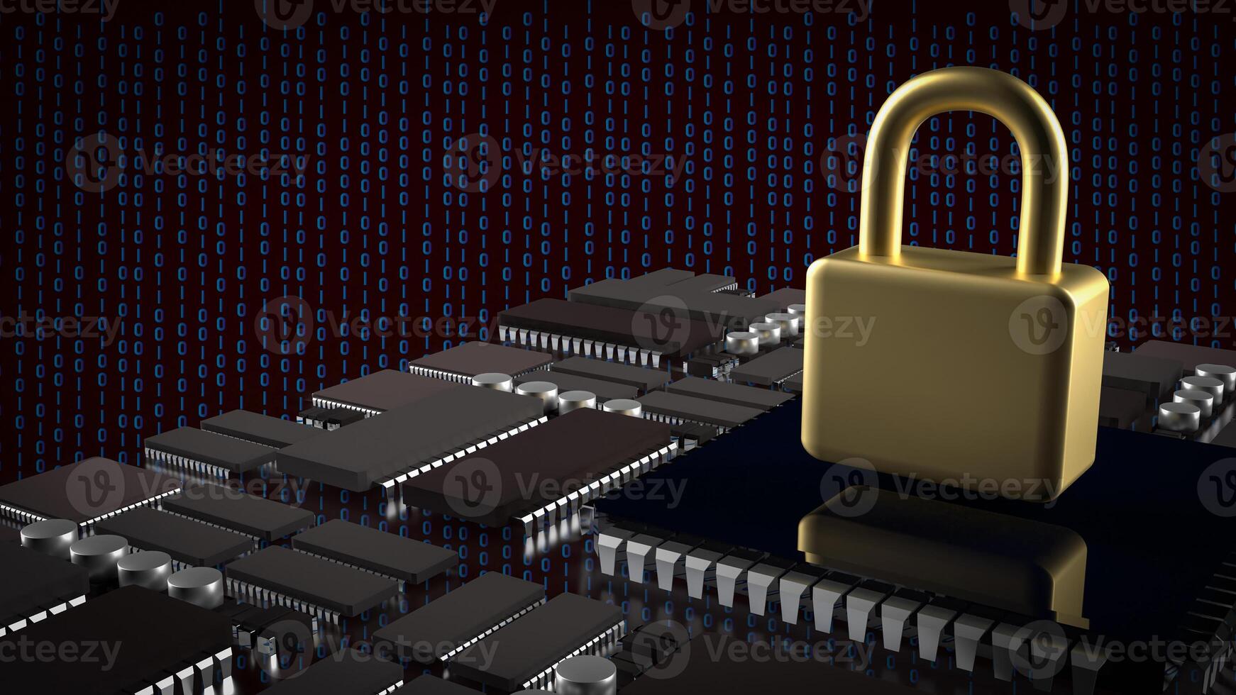 The Gold lock and PCB board for IT security concept 3d rendering. photo