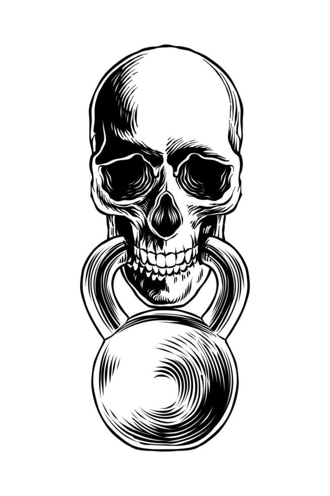 black and white hand drawing of a skull with a kettlebell vector