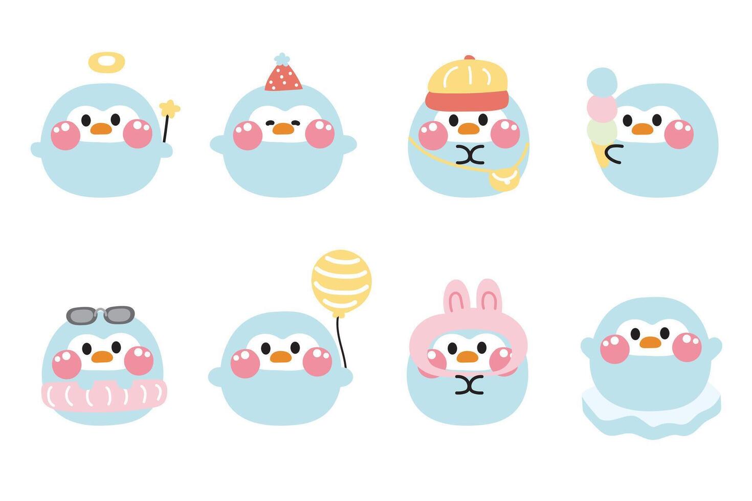 Set of cute penguin round shape pastel in various poses on white background.Bird animal character cartoon design collection.Kawaii.illustration. vector