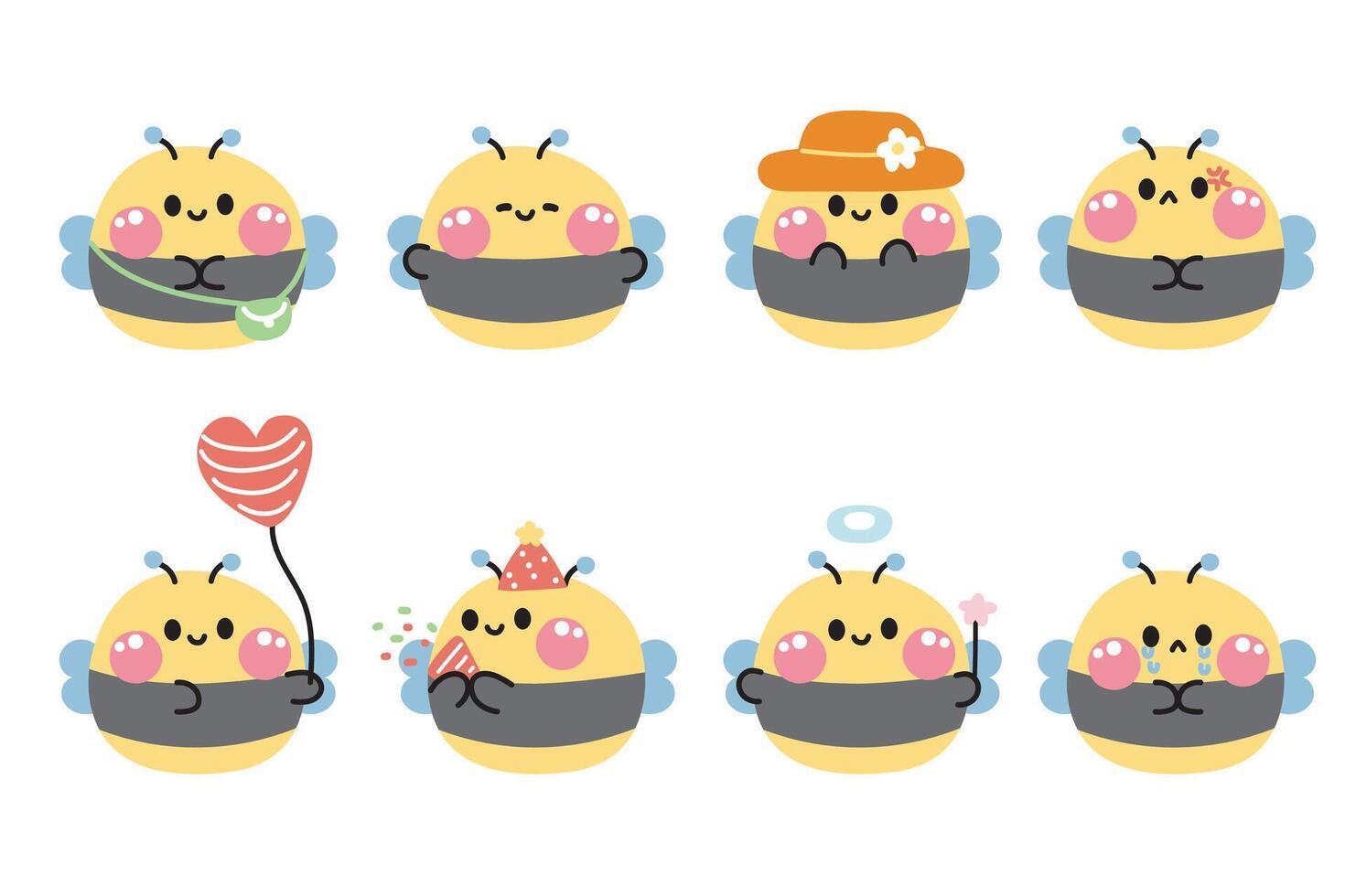 Set of cute bee round shape pastel in various poses and feeling on white background.Insect animal character cartoon design collection.Kawaii.illustration. vector