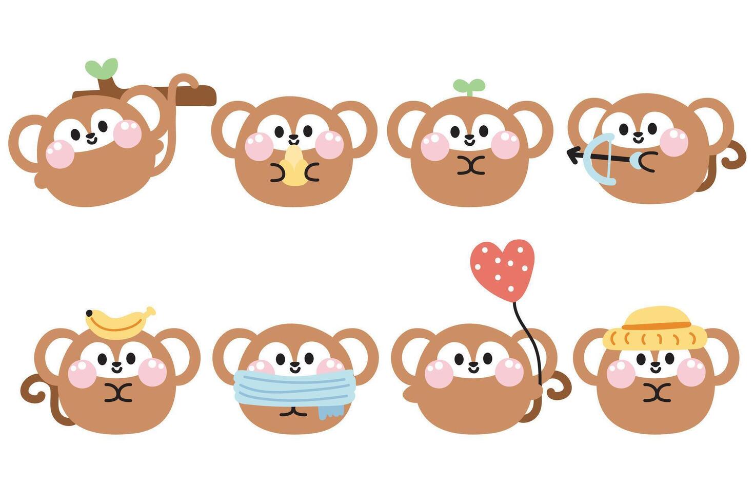 Set of cute monkey round shape pastel in various poses on white background.Wild animal character cartoon design collection.Banana.Jungle.Kawaii.illustration. vector