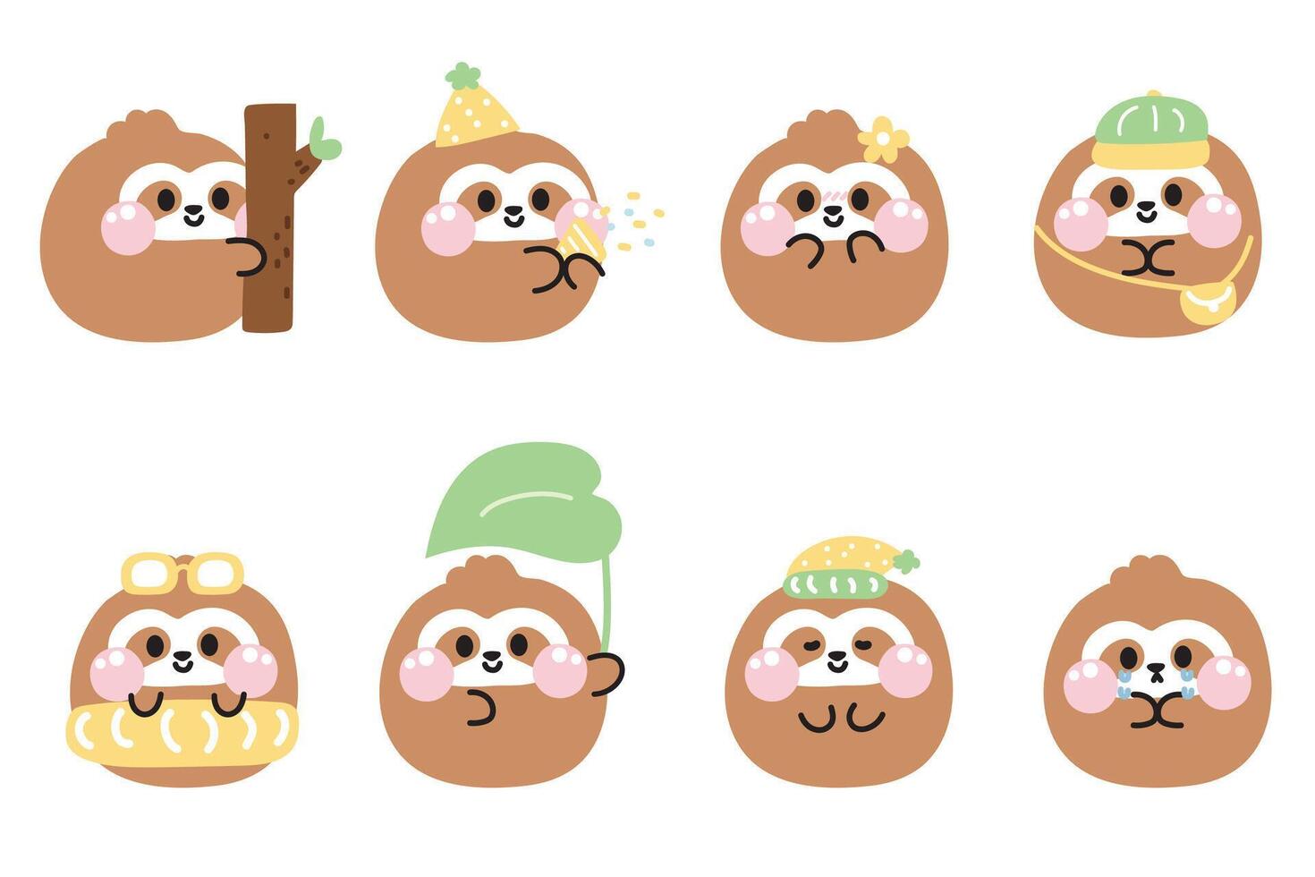 Set of cute sloth round shape pastel in various poses and feeling on white background.Wild animal character cartoon design collection.Kawaii.illustration. vector