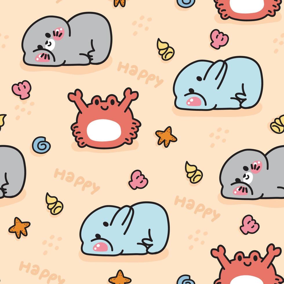 Seamless pattern of cute seal and dolphin lay on sand background.Crab,shell,happy text.Marine animal character cartoon design.Image for card,sticker,baby clothing.Kawaii.Illustration vector